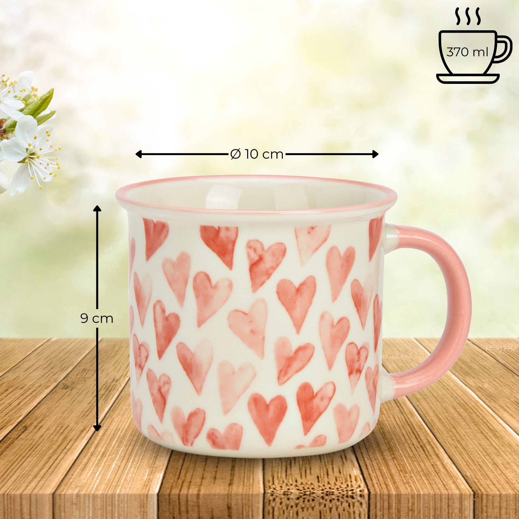 matches21 HOME & HOBBY Tasse Kaffeetassen Herz-Design Rosa, Kaffeebecher 4er Set, 370 ml, 4-tlg., Porzellan, Romantische Teetassen aus Porzellan