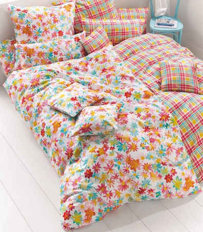 Bettwäsche DAISY reine Baumwolle zum Wohlfühlen, LIVING DREAMS, Satin, 2 teilig, trendiges Bettwäsche-Set mit fröhlichem Blumendruck