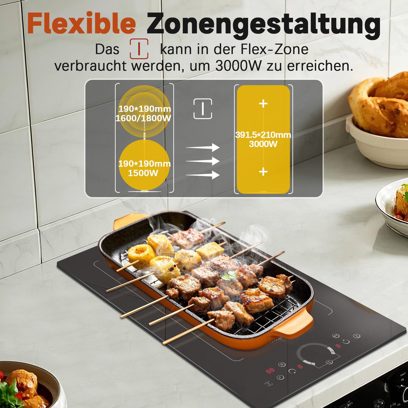 NOXTON Induktions-Kochfeld Induktionsfeld 2 Zonen mit Stecker, Kochfeld 30 cm Einbau, mit Rundregler, Timer, Sicherheitsschloss, 3500W
