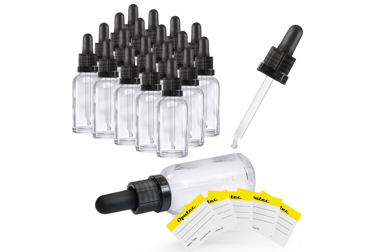 Oputec Pipettenflasche 20x 30ml Klarglas-Tropfflaschen mit Glaskugel - Pipette + 10 Etiketten (Sparset, 20 x 30 ml)