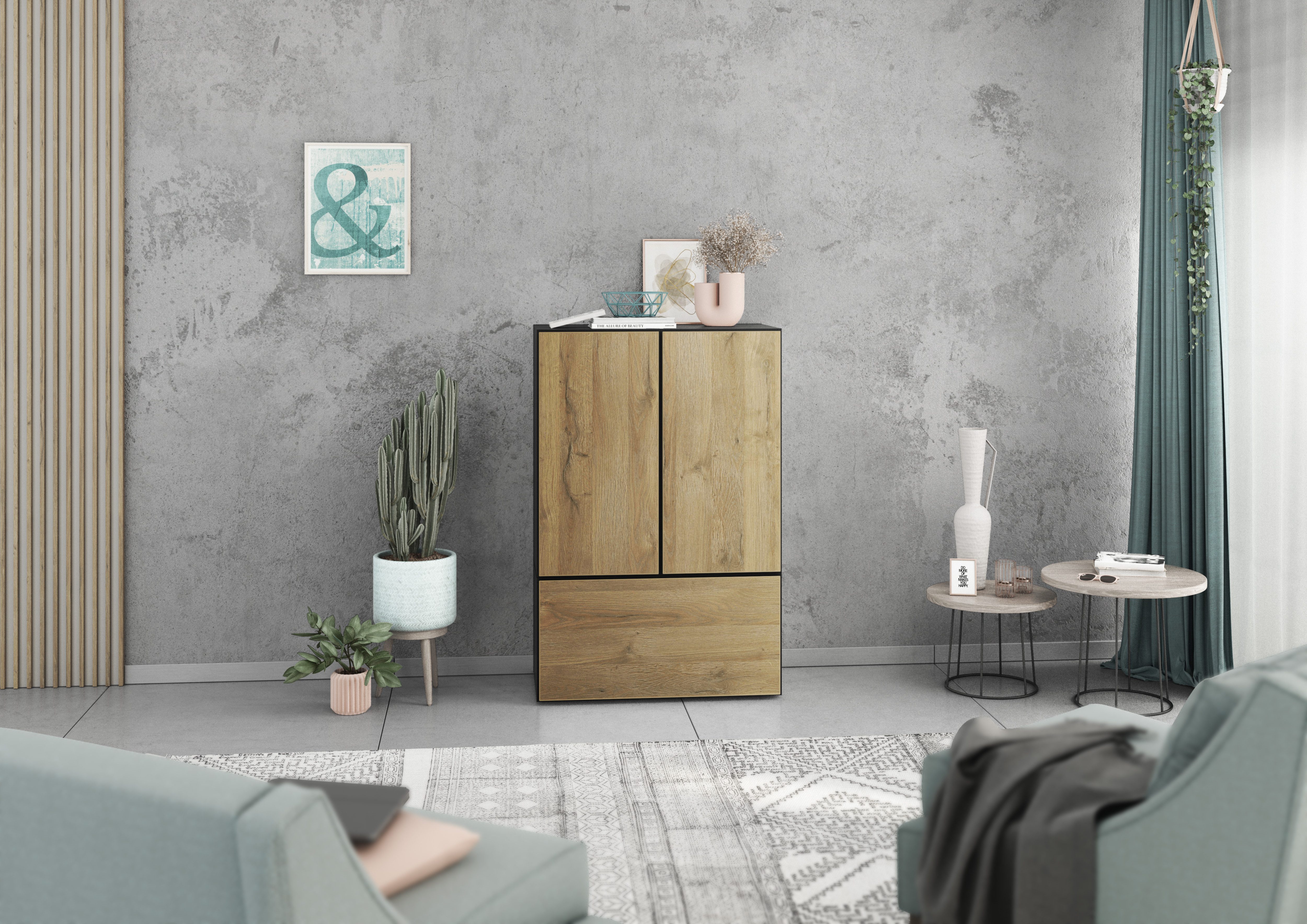 BMG Меблі Stauraumvitrine Modul+ (3 teilig bestehend aus, 2x Schrank mit Tür, 1x Schrank mit Klappenfunktion) individuell frei montierbar, Softclose, wandhängend oder stehend