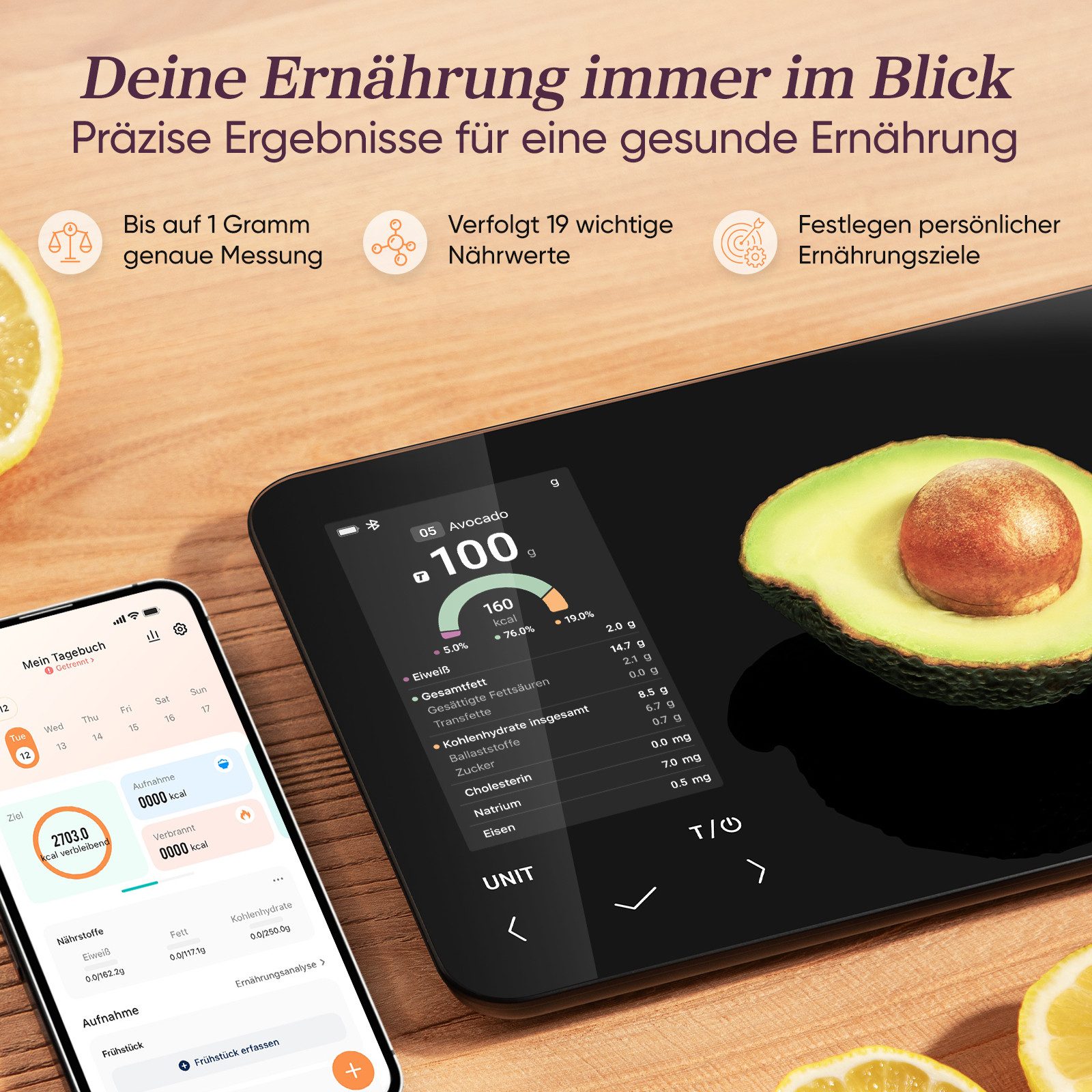 Cosori Küchenwaage CNS-R001S-X Smarte Küchenwaage Smart Nutrition Scale, Smart Nutrition, App-Tracking & TDEE-Funktion