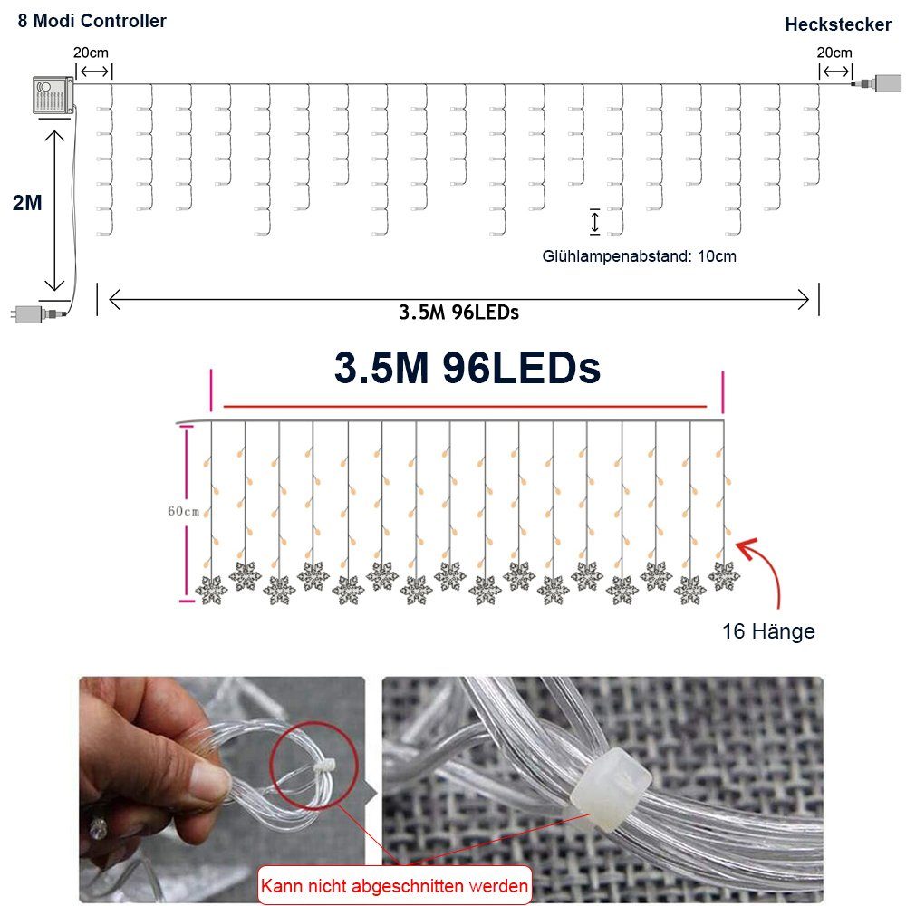 und 8 Vorhang Lichter, Modi Schneeflocke LED-Lichterkette Märchen für Rosnek Weihnachten Speicherfunktionen Weiß Party, String verschiedene LED