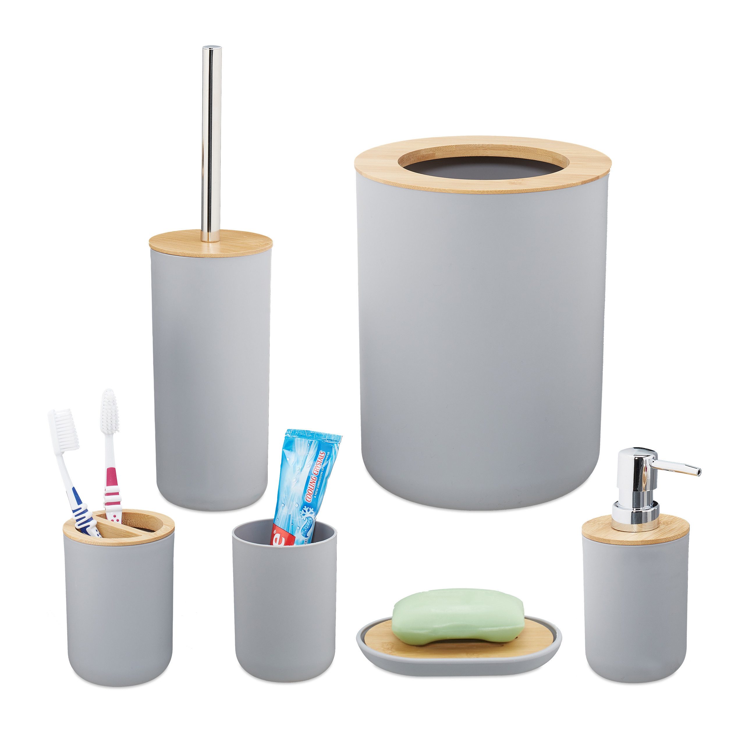 relaxdays Seifenspender 6-tlg. Badezimmer Set Bambus, günstig online kaufen