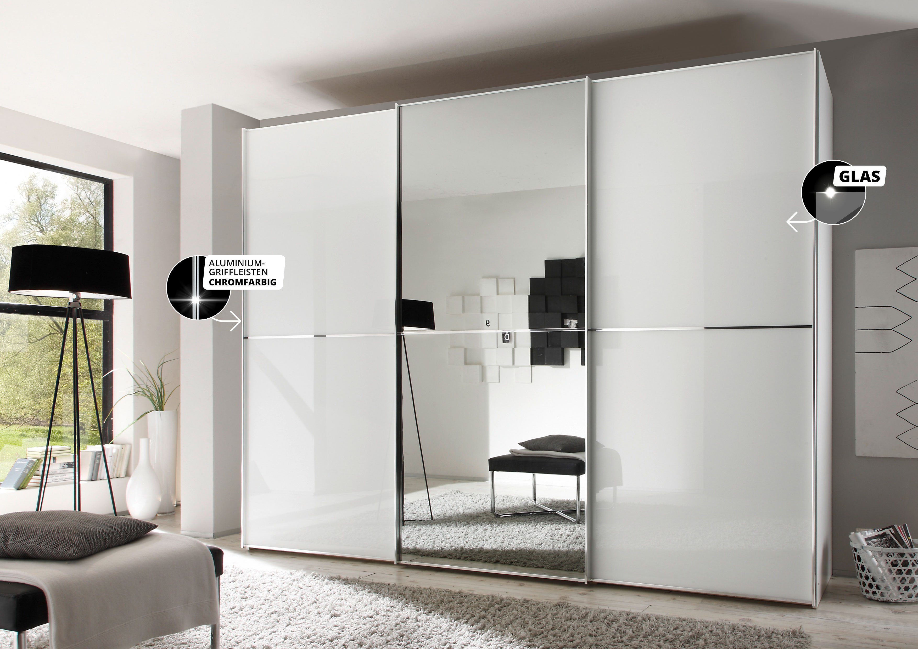 vier | Mit Ausstattungsvarianten Glas-Spiegel-Front kombinierter STAUD Dekor Alpinweißglas Plus Weiß und Schwebetürenschrank Sinfonie