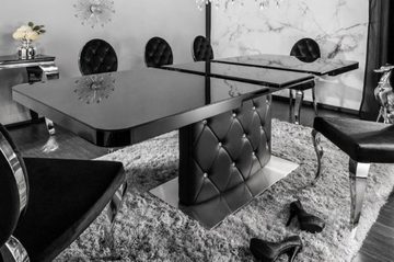 Casa Padrino Esstisch Esstisch Schwarz / Silber 160-200 x 90 x H. 76 cm - Moderner Ausziehbarer Küchentisch mit Kunstleder und Strasssteinen - Esszimmer Möbel