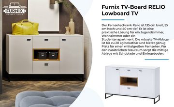 Furnix Hochkommode RELIO Scandi-Schrank mit 2 Schubladen und Ablagen und Drehtüren, B135 x H83,6 x T40 cm