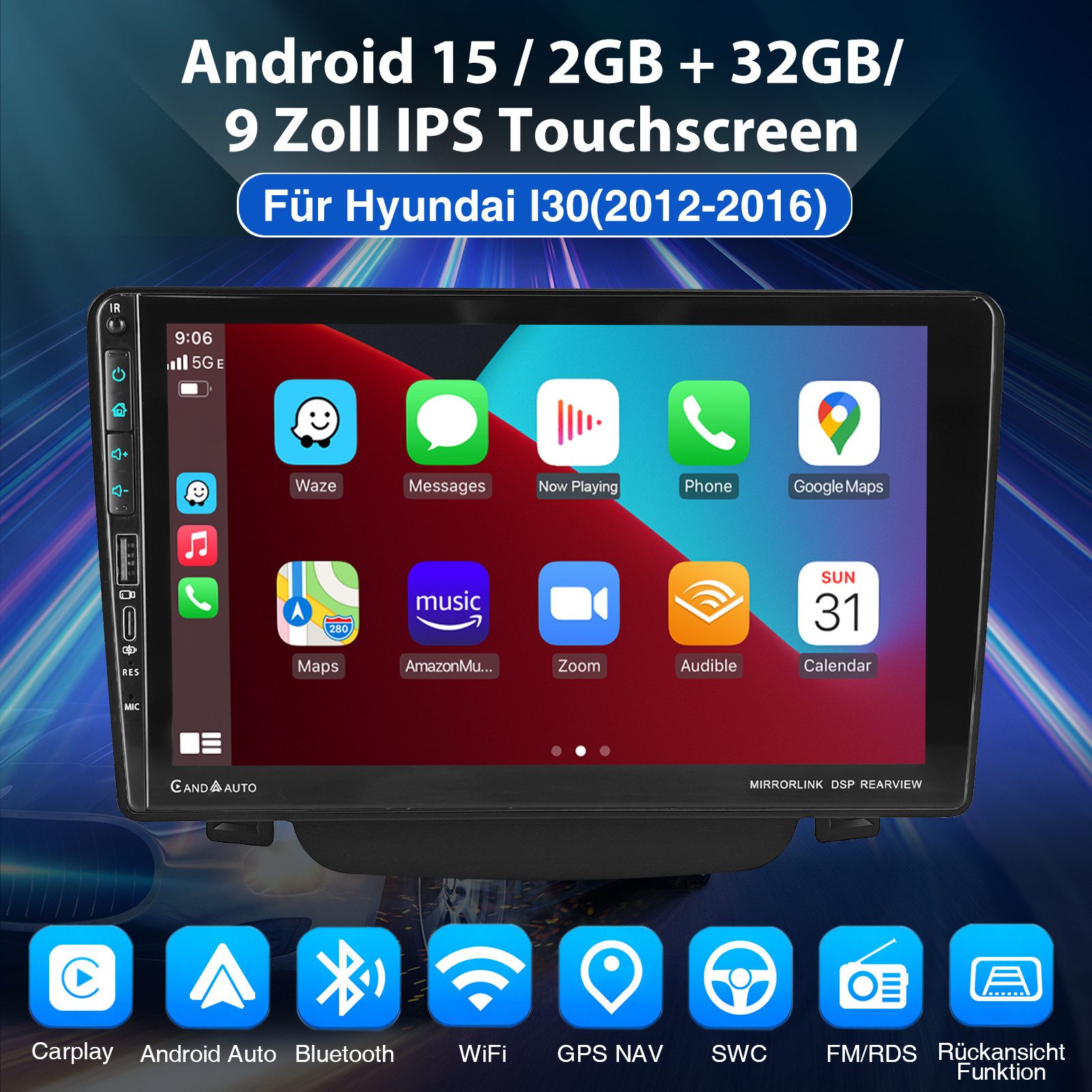 ESSGOO 9" 32G/64G DAB+ Android 15 Für Hyundai i30 2012-2016 Carplay Navi GPS Autoradio (RDS, 4+64GB(optional), Digitalradio (DAB), USB, FM, AM, Carplay Android Auto Bluetooth EQ USB GPS Navi WIFI Touchscreen)