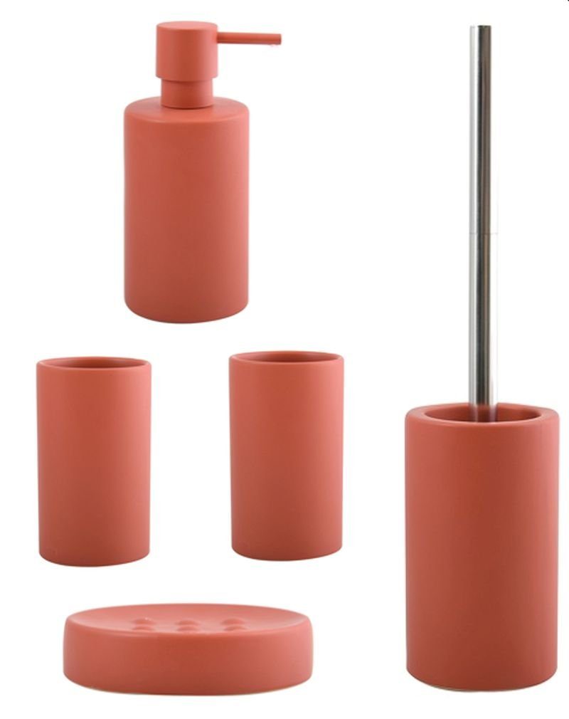 spirella Badaccessoires-Sets TUBE MATT BUNT, Zubehör-Set aus hochwertiger Keramik, 5 tlg., bestehend aus: WC-Bürste, Seifenspender, 2x Zahnputzbecher, Seifenschale, aktuell angesagte Trendfarben, elegante Matt-Optik, terracotta rot, Komplett-Set Badezimmerzubehör, 5 tlg.