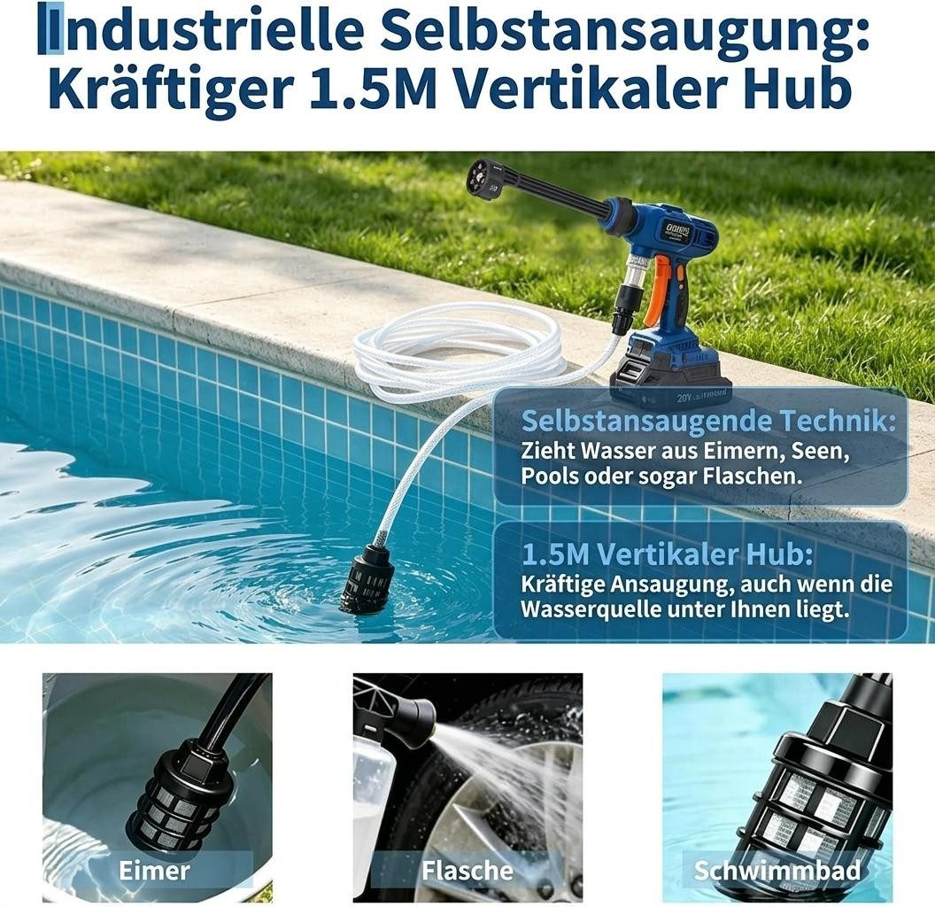 GarveeMore Hochdruckreiniger Tragbarer kabelloser 6-in-1 tragbare Puls-Wasserpistole mit Akku, für Auto,Fahrrad,Garten, Bewässerung - Inklusive Schlauch & Koffer