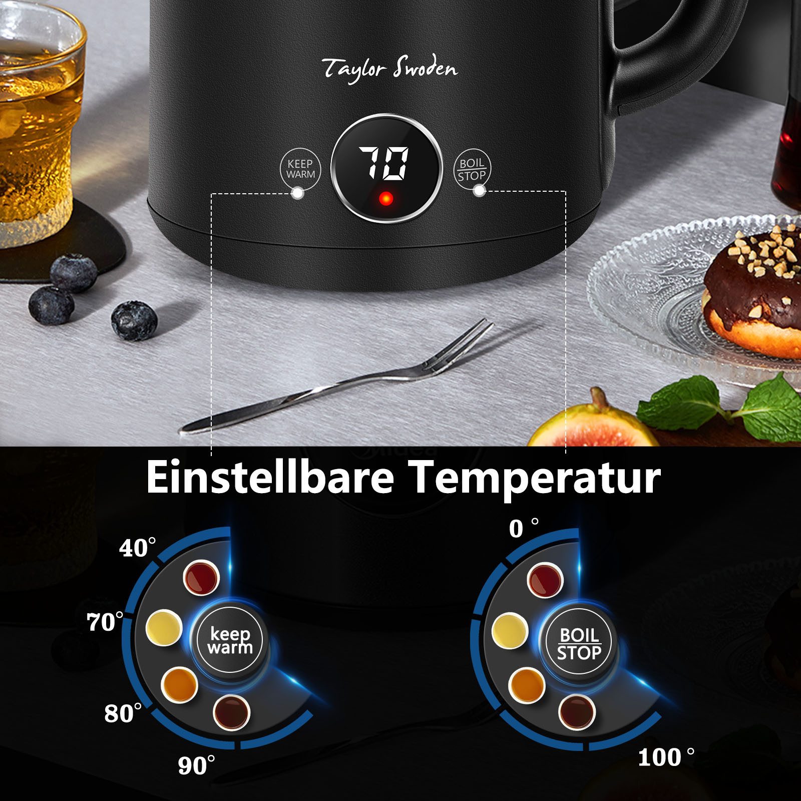 Taylor Swoden Wasserkocher Temperatureinstellung, 2200 W, 1,7 L/2L, Warmhaltefunktion, Edelstahl, 1.7 l, 2200,00 W, 5 Temperaturstufen, Digitale LED-Anzeige, Automatische Abschaltung