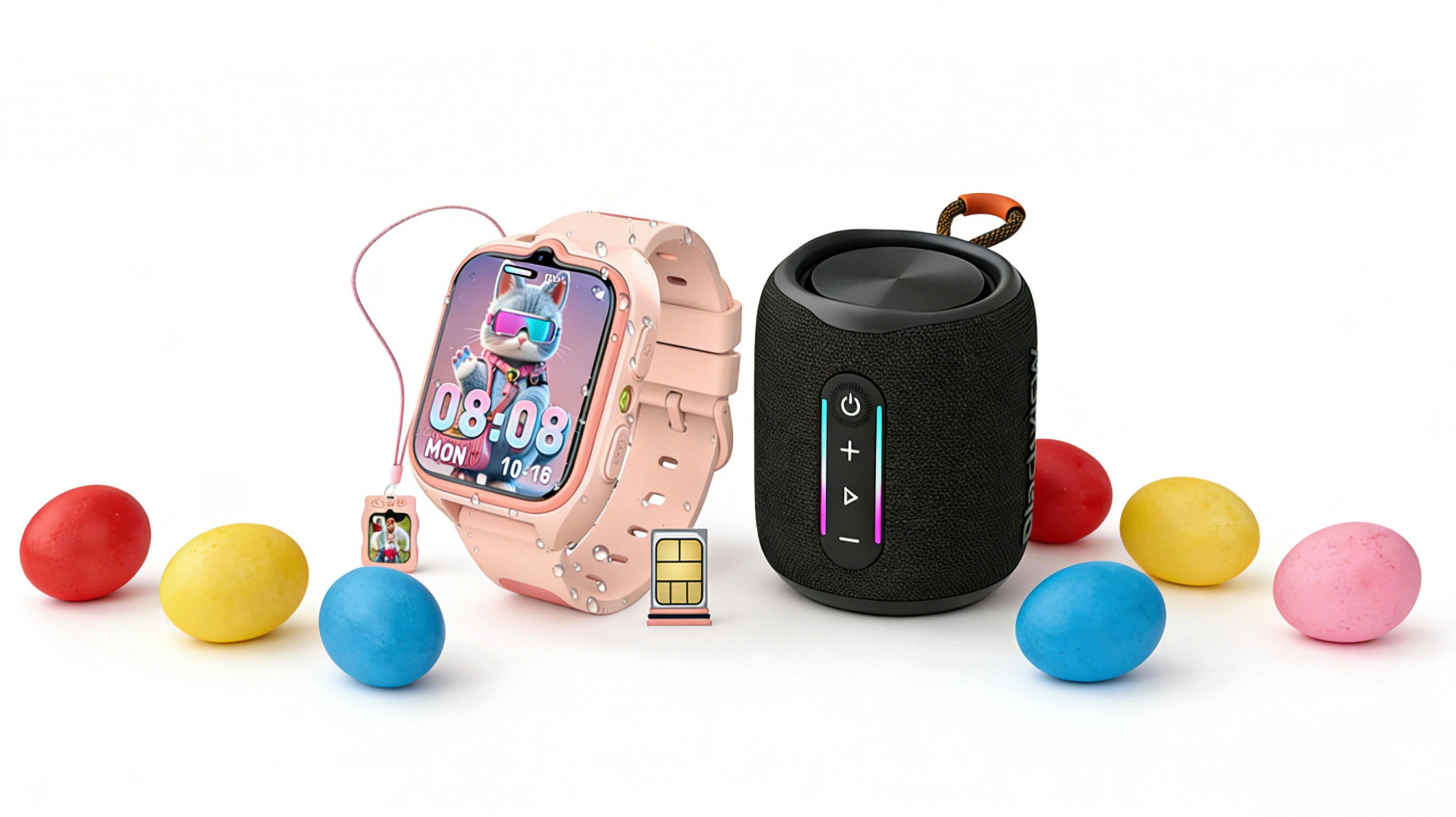 blackview Kinder-Smartwatch(GPS/Video) + mini-Lautsprecher – Oster-Set Smartwatch, 1,75", GPS+LES+WiFi, 4G-LTE, IP68, SOS, 800mAh, Knips-Freunde​