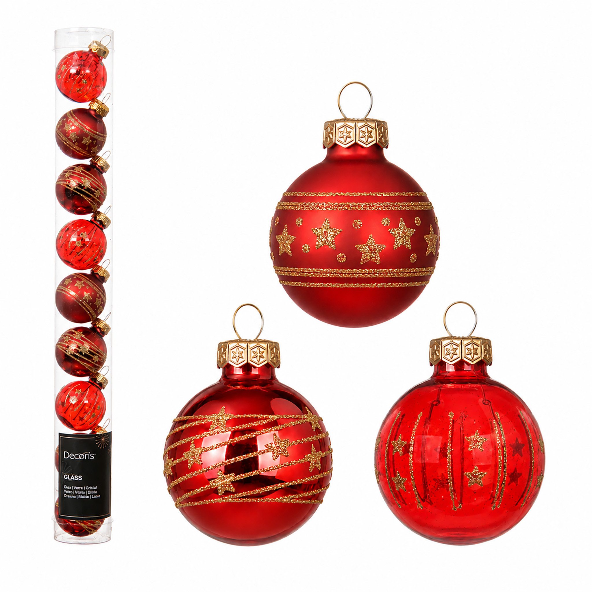 Kaemingk Weihnachtsbaumkugel, Weihnachtskugeln Glas mit Motiven 3cm 9 Stk. Weihnachtsrot transparent