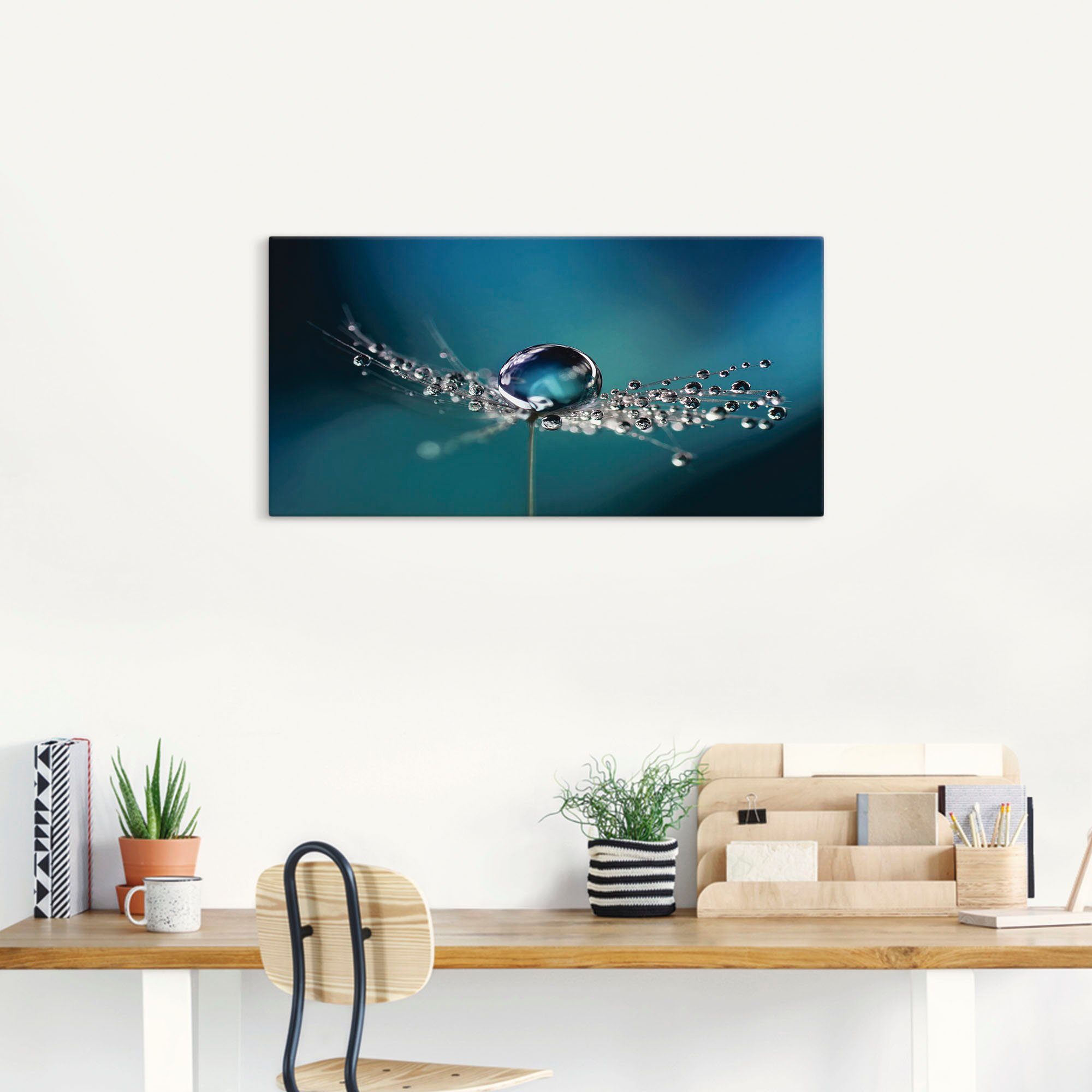 Artland Leinwandbild Pusteblume Tautropfen blau, Blumenbilder (1 St), auf Holzrahmen gespannt