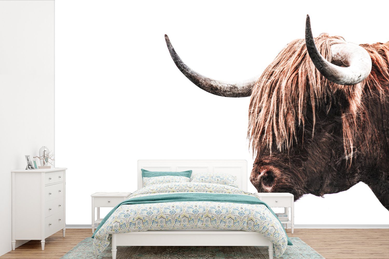 MuchoWow Fototapete Schottische Highlander - Kühe - Hoorn, Matt, bedruckt, (6 St), Wallpaper für Wohnzimmer, Schlafzimmer, Kinderzimmer, Vinyl Tapete