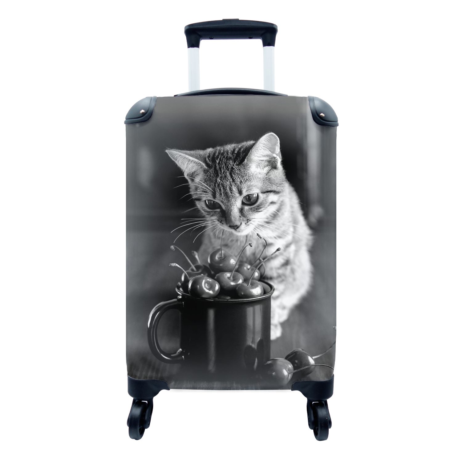 MuchoWow Handgepäckkoffer Katze sitzt bei einem Becher mit Kirschen - schwarz und weiß, 4 Rollen, Reisetasche mit rollen, Handgepäck für Ferien, Trolley, Reisekoffer | Handgepäck-Koffer