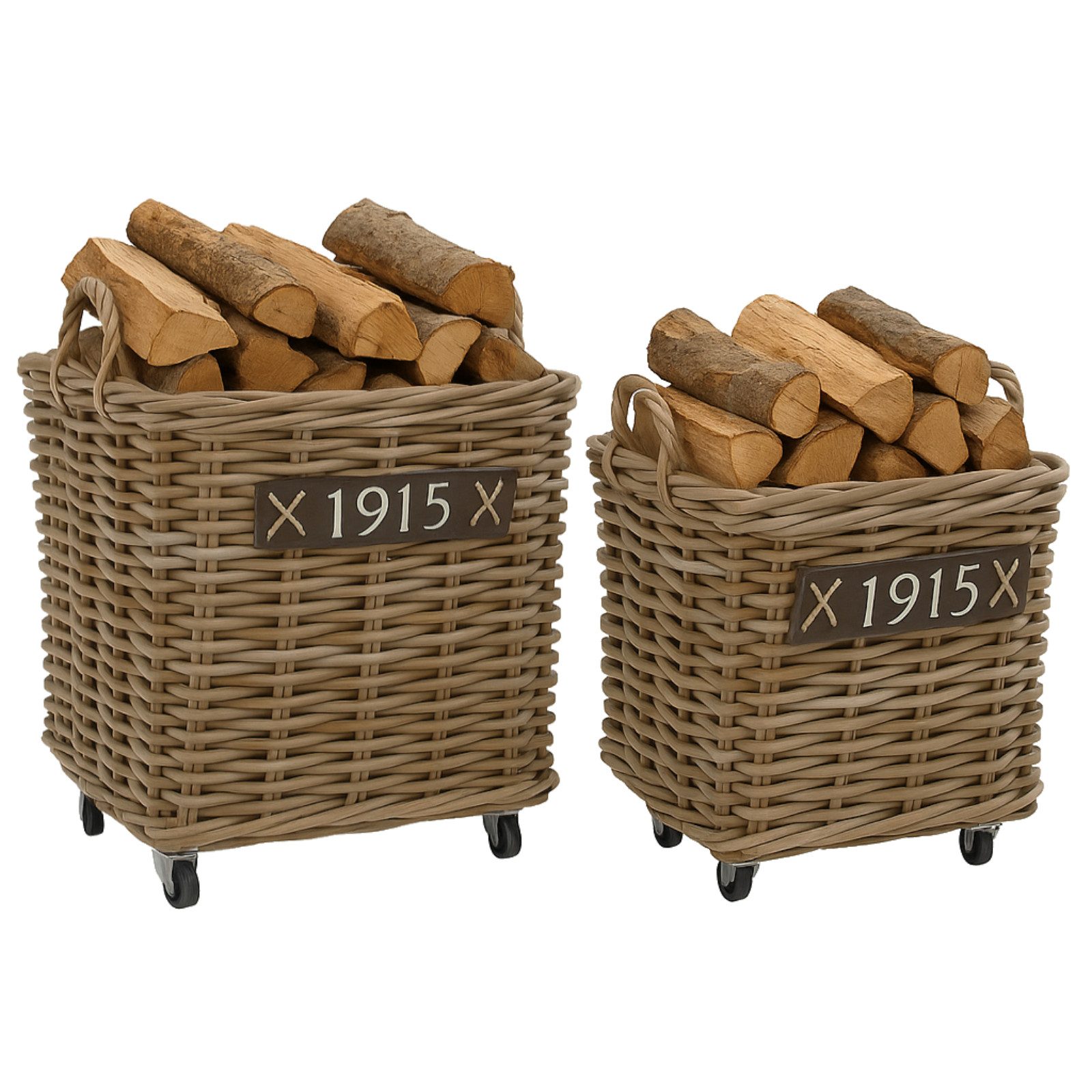 Van der Leeden Kaminholzkorb Feuerholz Brennholz Korb Set 2 Tlg. Rollen Naturprodukt Rattan (2 St), 2tlg Set, Rattan, Handmade, Holzboden