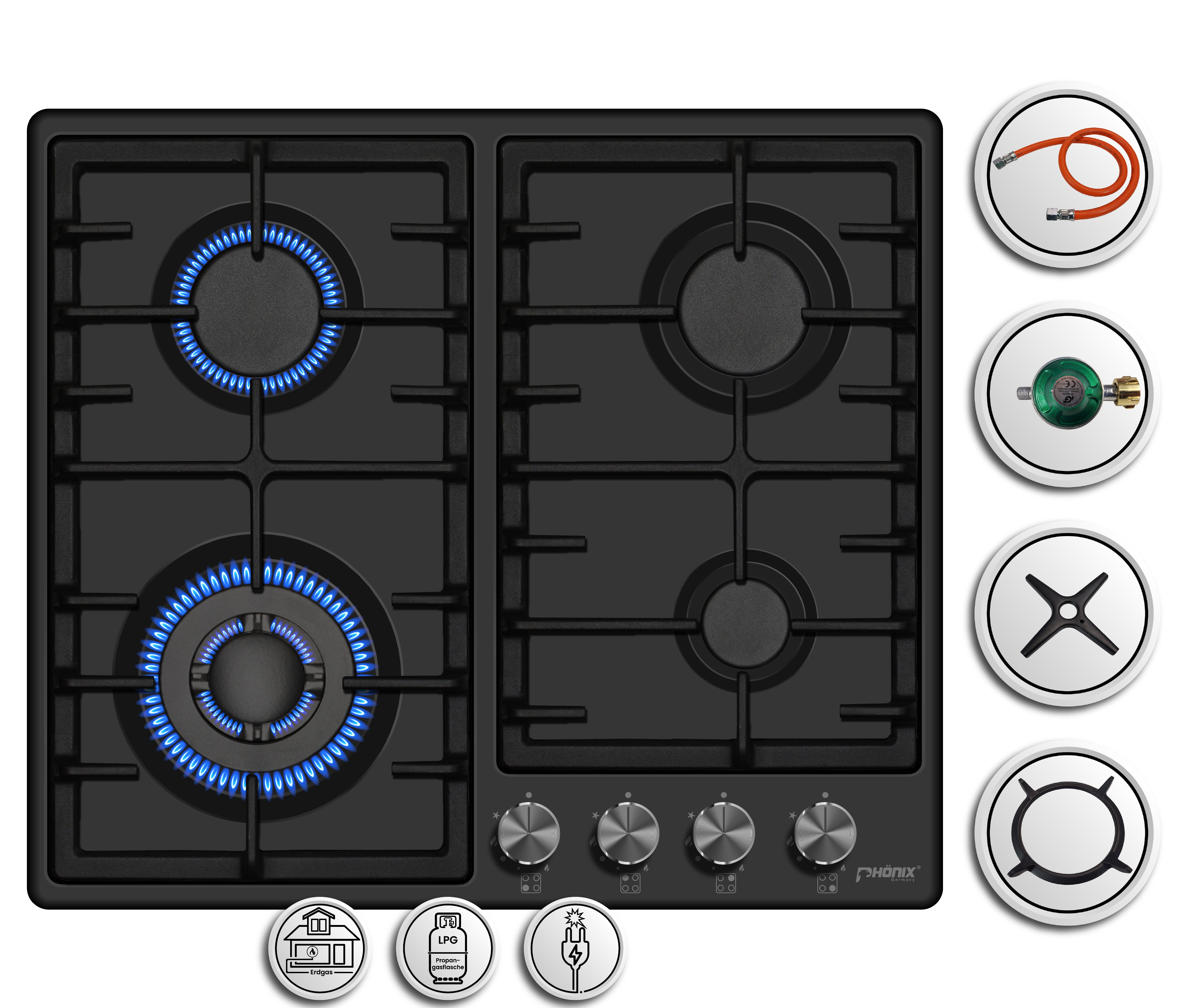 Phönix Germany Gas-Kochfeld PE-603T, Gaskocher 4 flammig mit Zündsicherung, Propan- / Erdgas, H-Gas