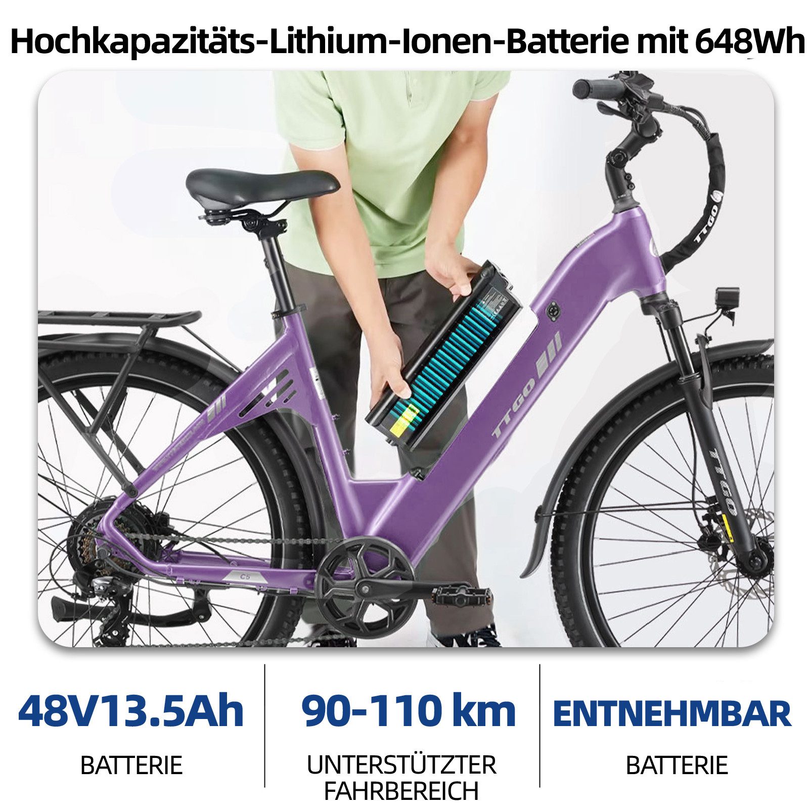 TTGO E-Bike Cityrad 28x2,4 Zoll, 110km, 70 Nm Hinterradmotor, C5, ZOOM Federsattelstütze, 7 Gang Shimano, Kettenschaltung, Heckmotor, 648 Wh, Tiefeinstieg, Pedelec, Elektrofahrrad, für Damen Herren, Hydr. Bremse