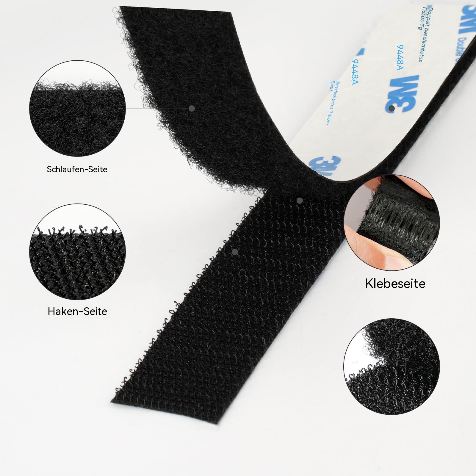 Diwzbyn Klettband 3M Klettband Selbstklebend Extra Stark Schwarz Strapazierfähig, (2-St), Selbstklebendes Klettband mit Nylongewebe für Basteln & DIY – Bild 2 von 5
