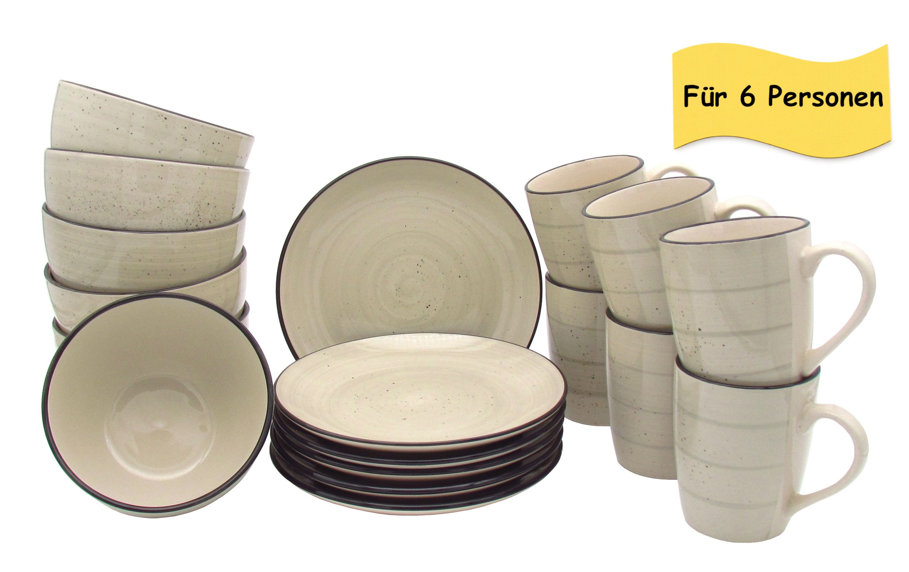 steinwohn Frühstücks-Geschirrset Keramik Frühstücks-Service 12-/18-teilig für 4 oder 6 Personen (18-tlg), Vintage Look, Spülmaschinen- & Mikrowellengeeignet