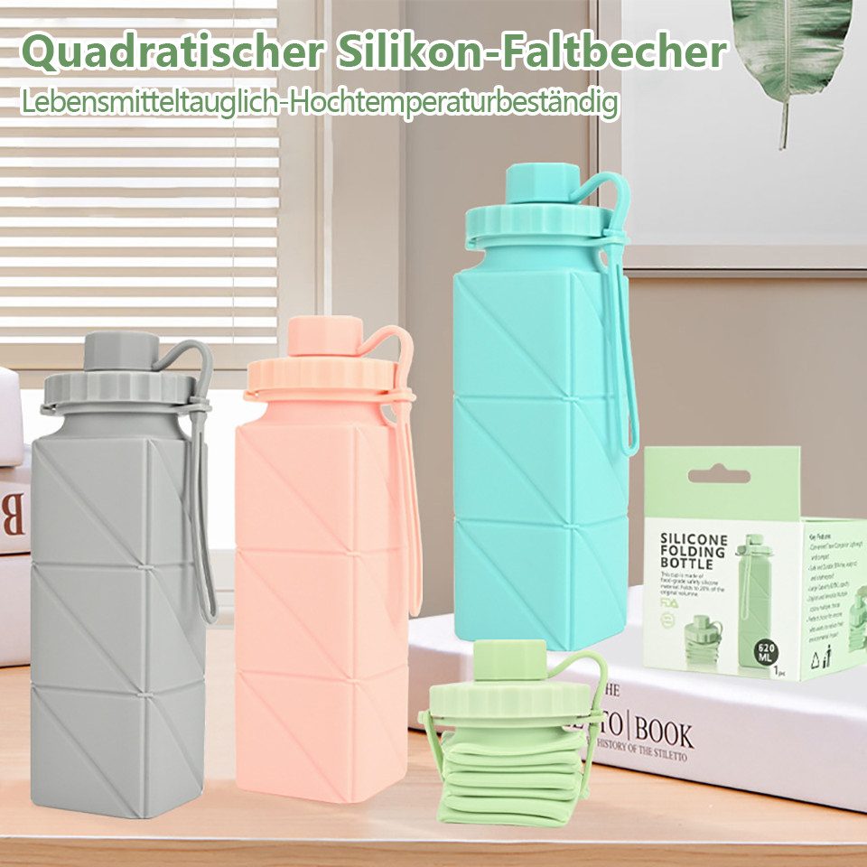 Rhein Beleuchtung Trinkflasche Zusammenklappbare Silikon-Wasserflasche, trinkflasche sport(620ml), Auslaufsicher, flexibel, BPA-frei, wiederverwendbar