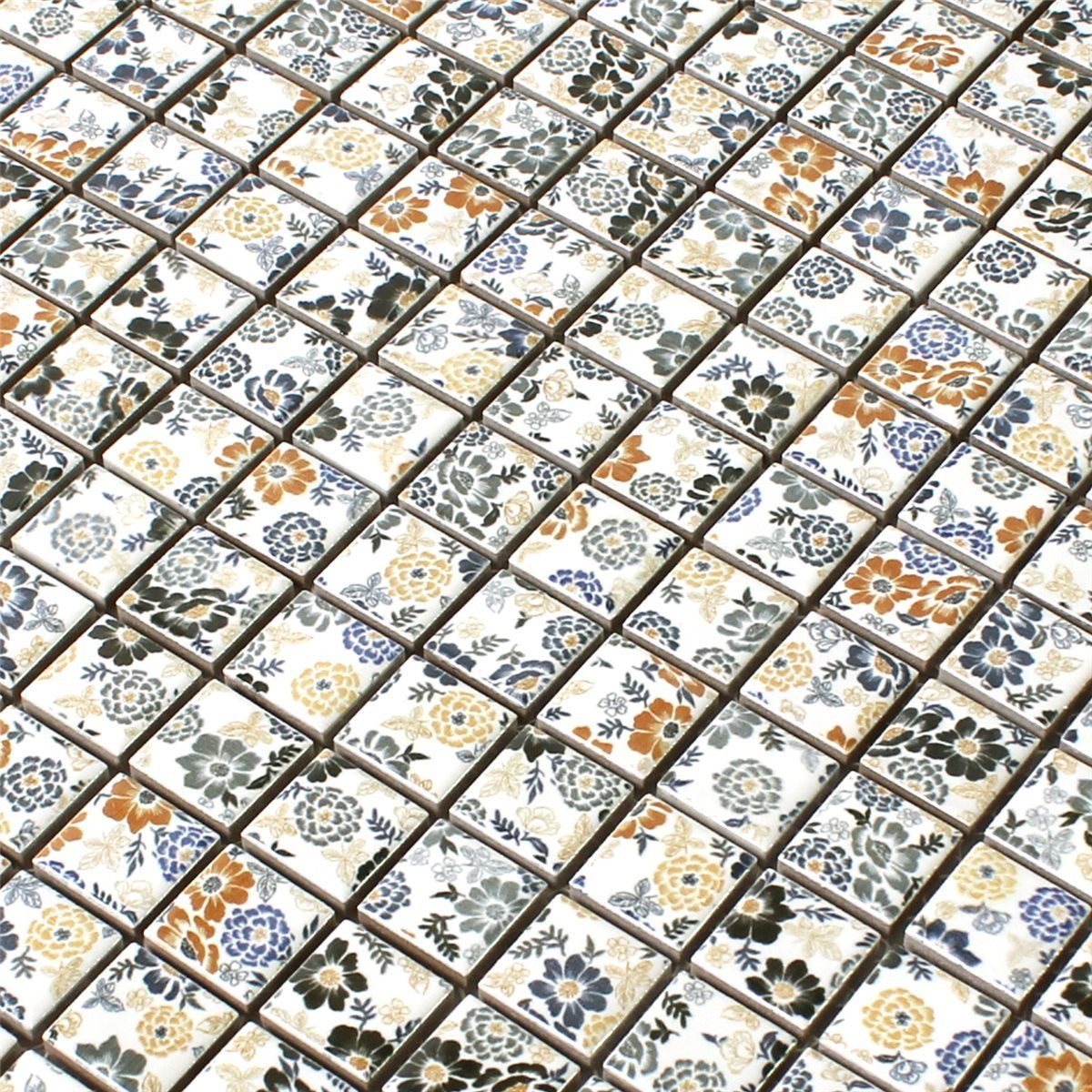 Mosafil Mosaikfliesen Mosaikfliesen Keramik Weiss Flower, Keramik 30.500x30.500, weiß-rot-blau-gelb, Verlegefertig auf ein Netz geklebt - Frostsicher - Wasserfest