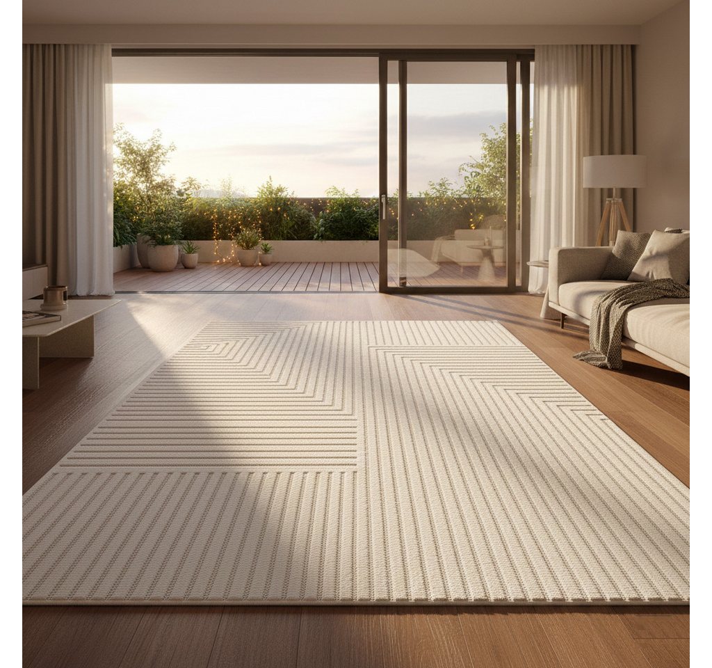 Vimoda Designteppich hoch/tief Motiv, Kurzflor Teppich Creme, Uni, Rechteckig, Höhe: 10 mm, Teppich Boho Design, Wohnzimmer, Schlafzimmer& Küche