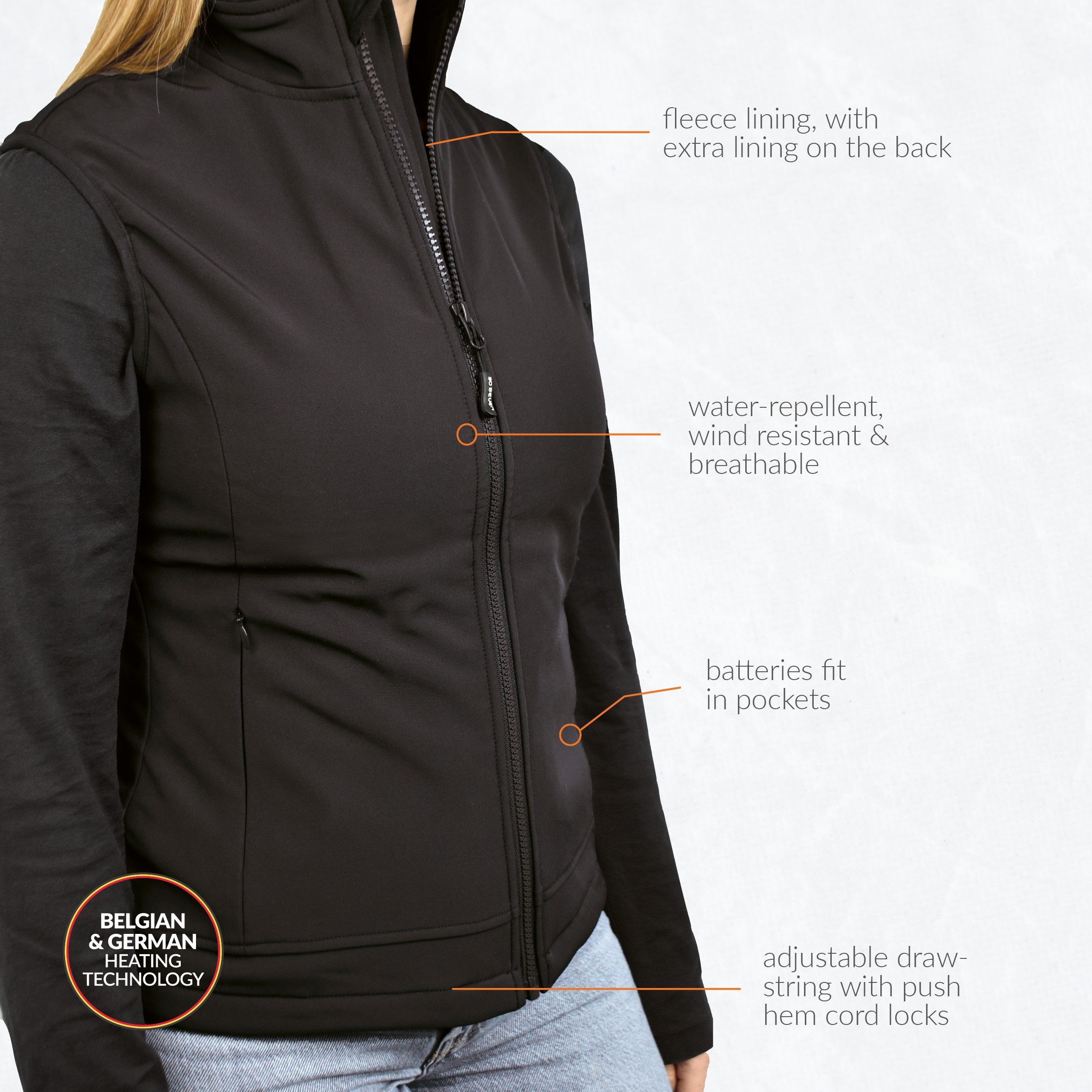 30seven Softshellweste beheizte Weste Slim Fit mit Fleecefutter Damen - Schwarz kompatibel mit USB-C-Powerbanks