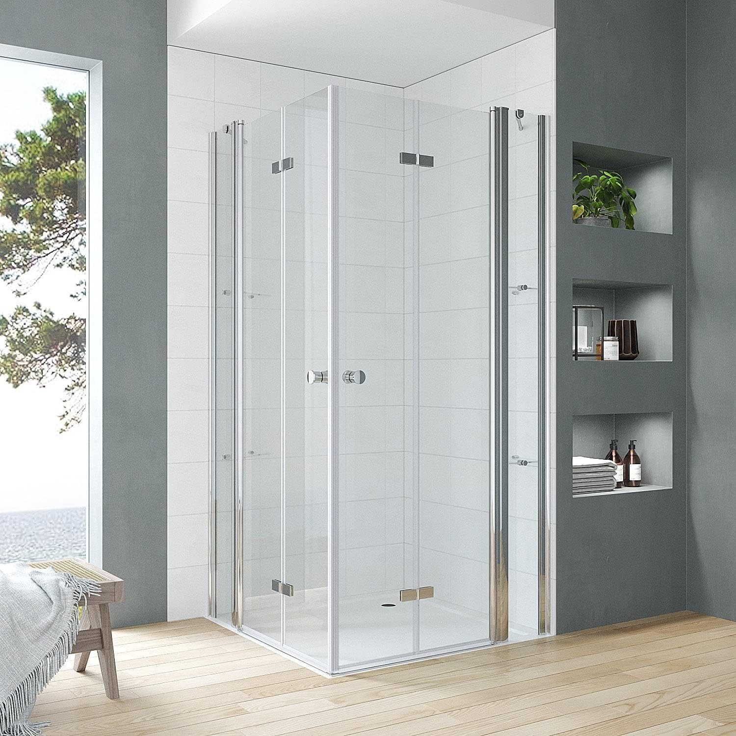 AQUABATOS Eckdusche Duschkabine Eckeinstieg mit Doppeltür Falttüren an Festteilen, BxT: 90x90 cm, Einscheiben-Sicherheitsglas (ESG) 5 mm, Drehfalttür Duschabtrennung, mit Duschablagen rahmenlos barrierefrei Höhe: 187 cm