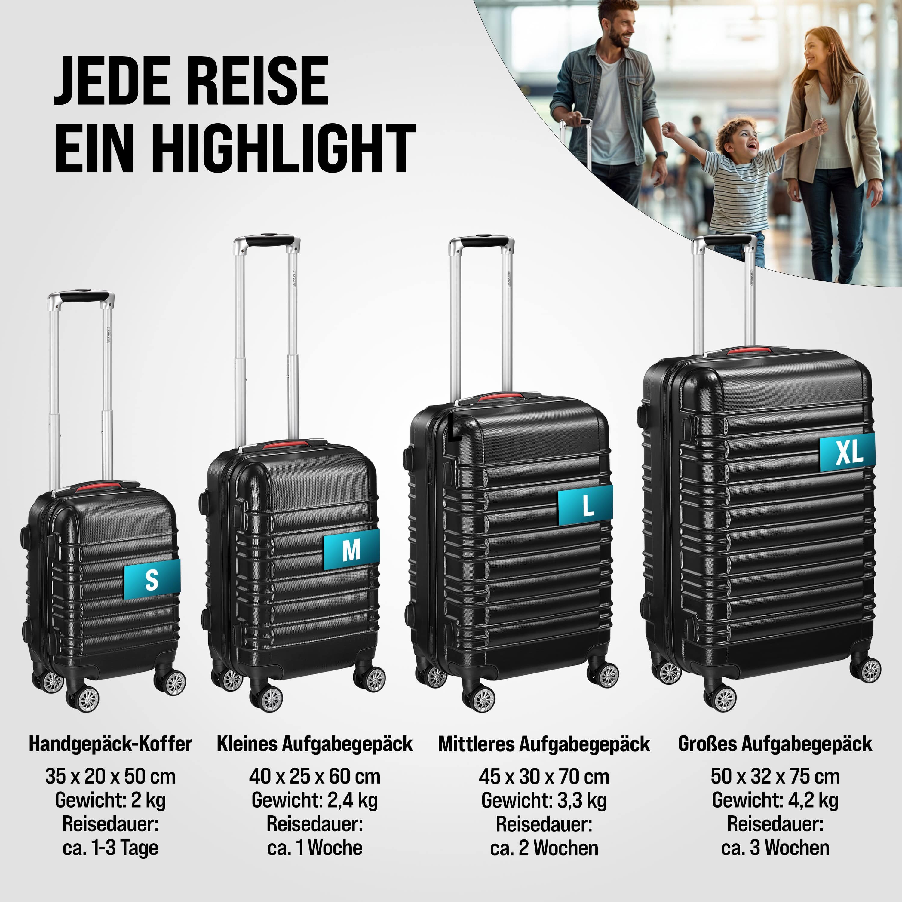 monzana Kofferset, Koffer Zwillingsrollen Zahlenschloss Waage Gurt Reisekoffer Schwarz