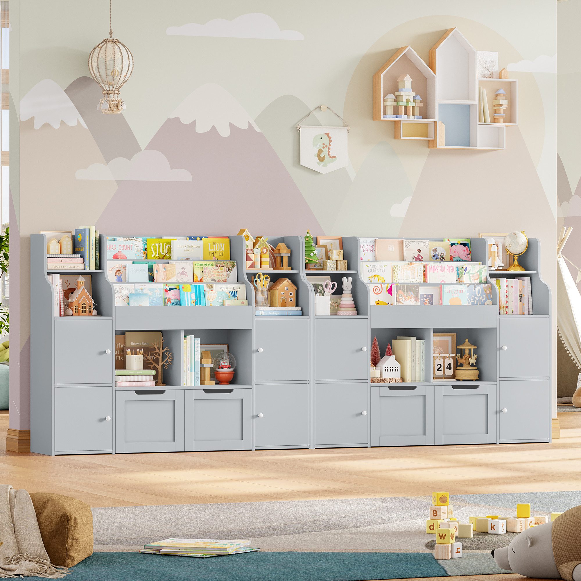 Homfa Kinderregal Spielzeugtruhe mit 2 Schubladen auf Rollen Bücherregal, Kinderbücherregal Spiegelregal mit Tür 126x104x30 cm weiß – Bild 5 von 5