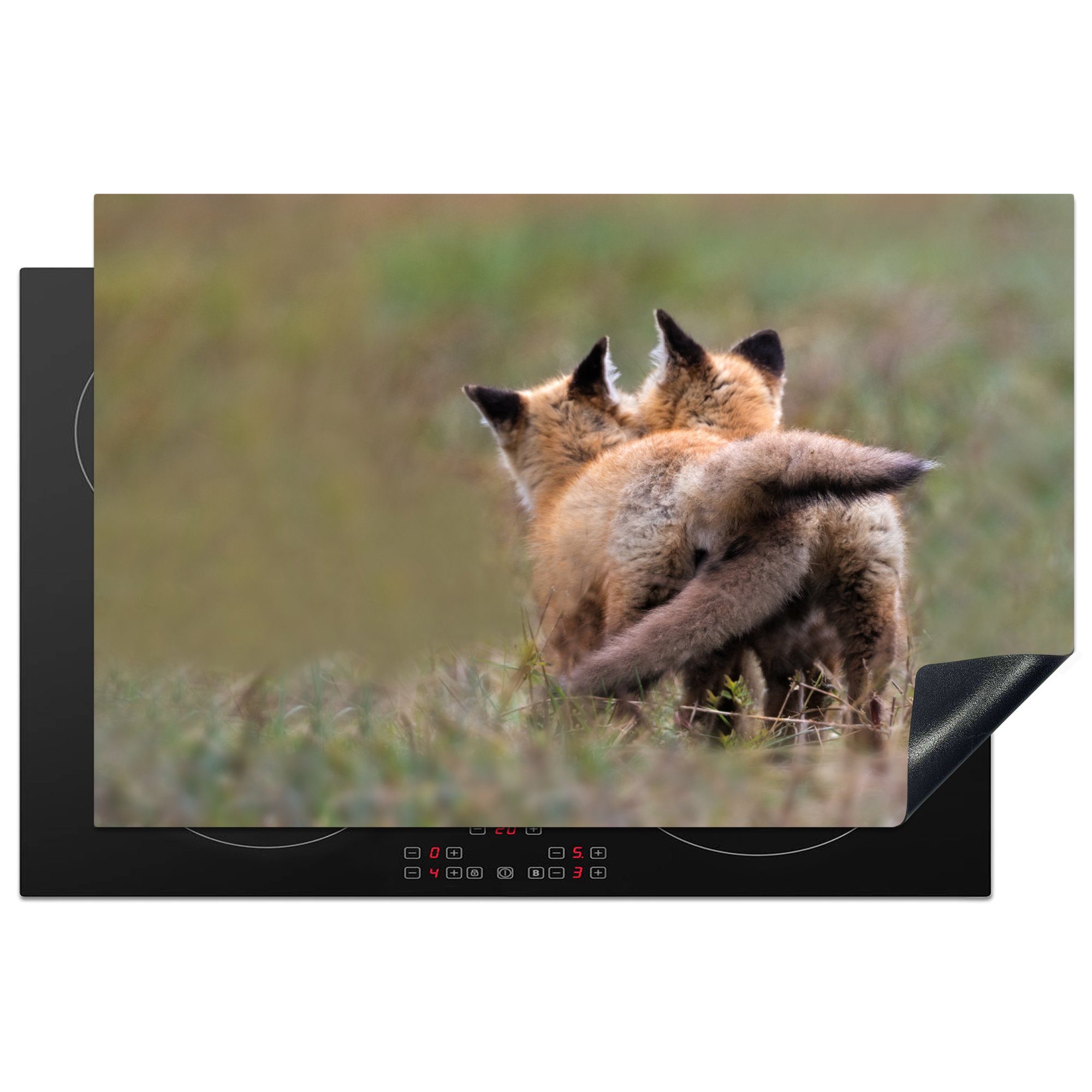 MuchoWow Herdblende-/Abdeckplatte Fuchs - Gras - Tiere, Vinyl, (1 tlg), 81x52 cm, Induktionskochfeld Schutz für die küche, Ceranfeldabdeckung