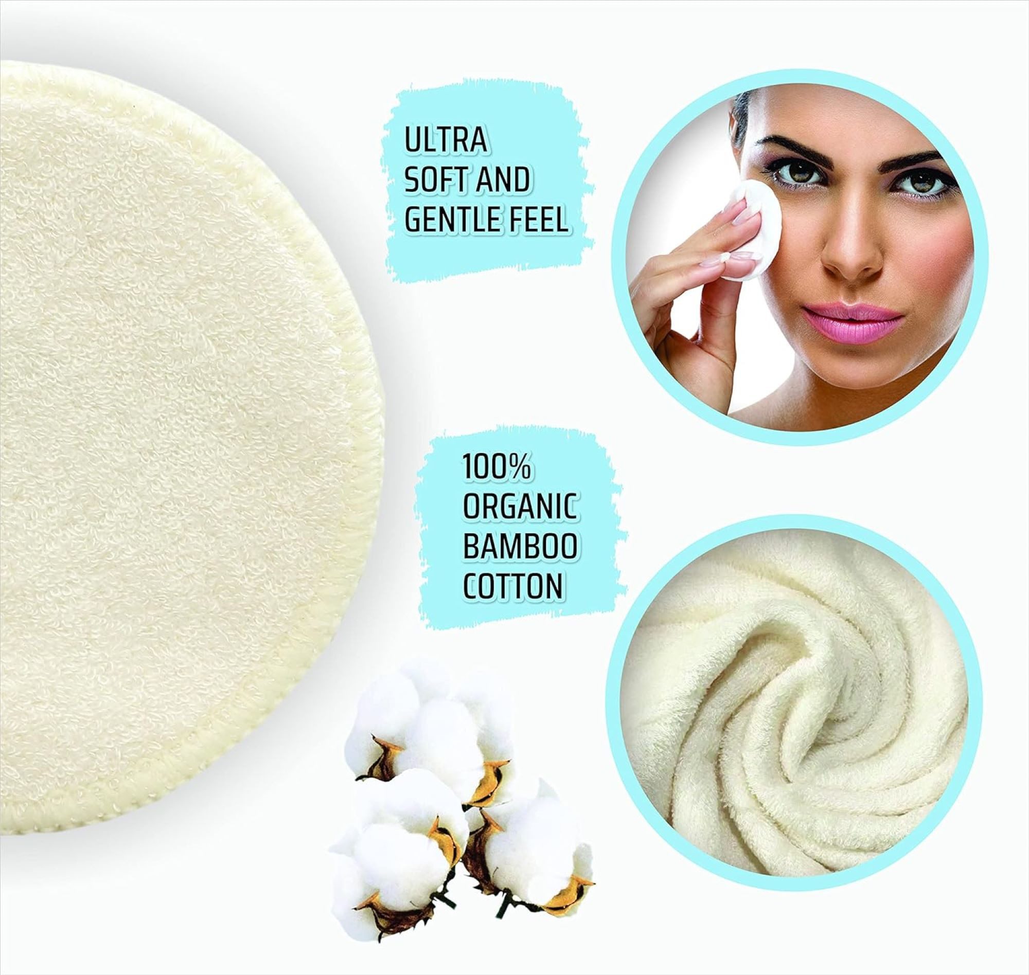 Montegoni Make-up Schwamm Bio-Bambusbaumwolle Wiederverwendbare Waschbare Abschminkpads, 20 Stück mit waschbarem Netzbeutel, Wattepads mit runder Aufbewahrungsbox-für alle Hauttypen geeignet