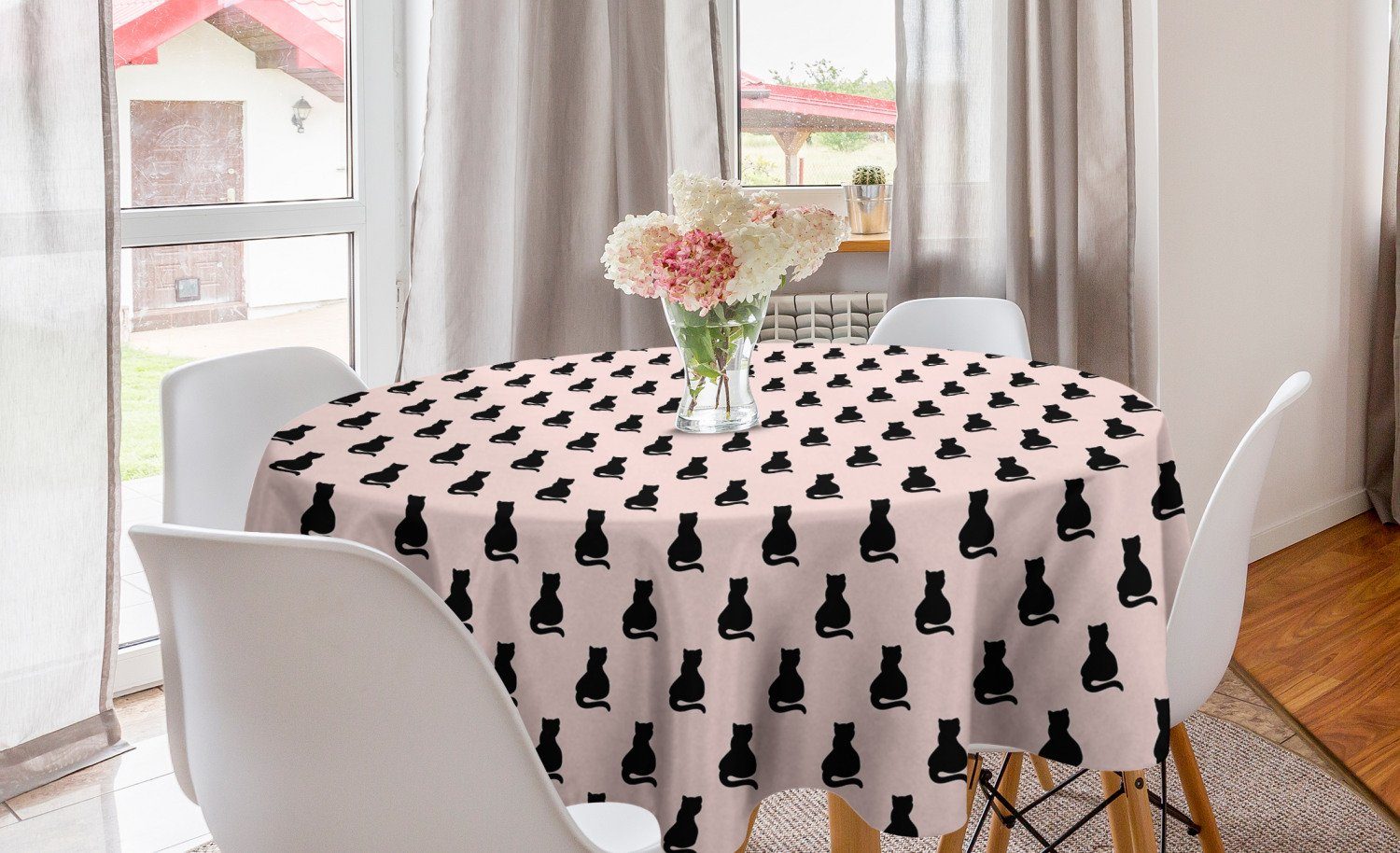 Abakuhaus Tischdecke Kreis Tischdecke Abdeckung für Esszimmer Küche Dekoration, Katze Schwarze Silhouetten auf Rosa