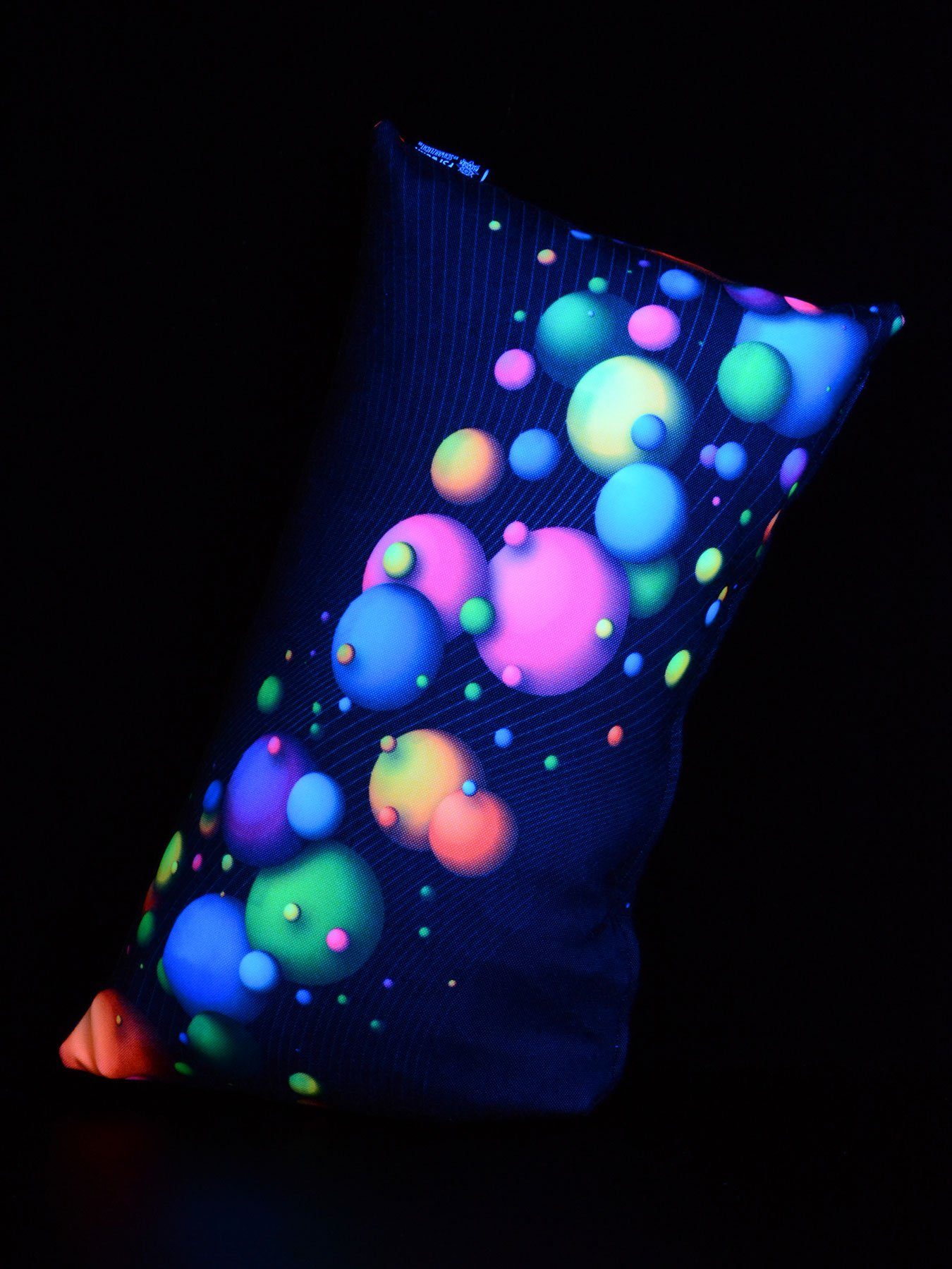 PSYWORK Dekokissen Schwarzlicht Kissen Neon leuchtet 30x50cm, Schwarzlicht Bubbles", "Happy UV-aktiv, unter