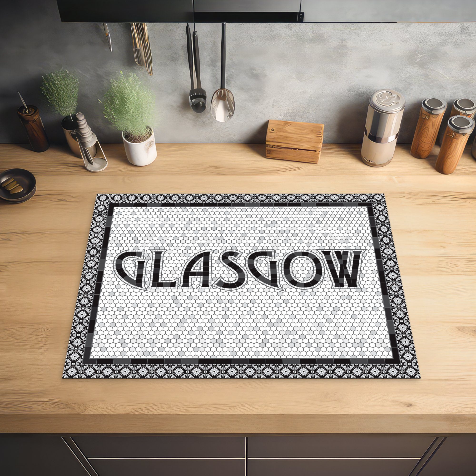 MuchoWow Herdblende-/Abdeckplatte Illustration des Stadtnamens Glasgow (1 Mosaikstil, im Arbeitsfläche Vinyl, 70x52 Mobile cm, tlg), nutzbar, Ceranfeldabdeckung