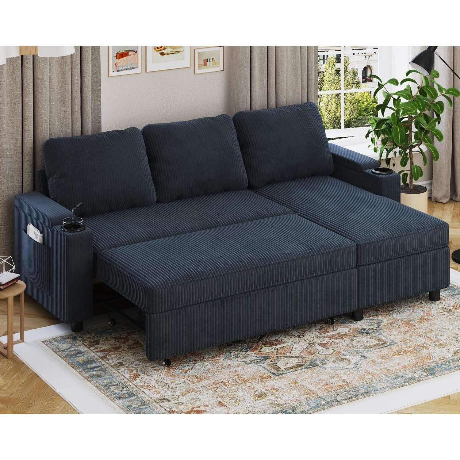 LuxusKollektion Ecksofa Ecksofa Schlafsofa Bettkasten Ausziehbar Velours 200cm L Blauschwarz, Eckcouch