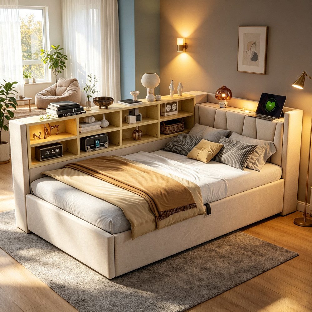 OKWISH Schlafsofa Kinderbett, mit hydraulischem Stauraum, Nachtlicht, USB- & Typ-C-Ladeanschluss und Ablagen, Polsterbett, Gepolstertes Samtsofa 90x200 cm, ohne Matratze