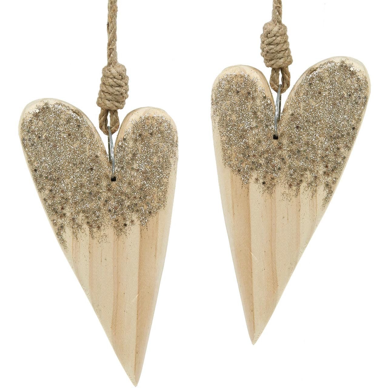 Florists Products Christbaumschmuck Weihnachtsdeko Holzherz zum Hängen mit Glitzer Gold 18x10cm, 2 Stück