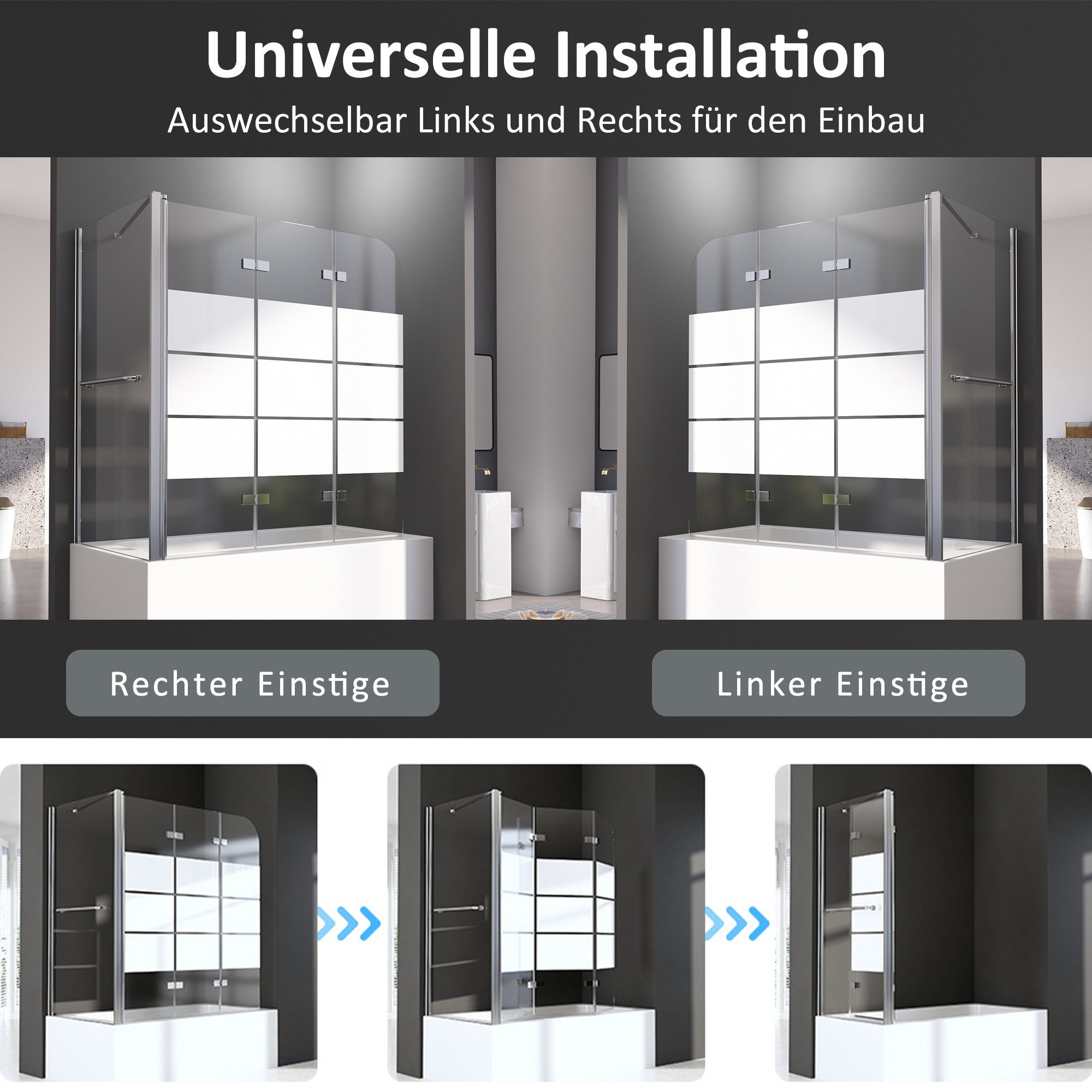 Boromal Badewannenaufsatz mit seitenwand 70cm 70x120x140cm, 5mm ESG mit Gestreift, (Badewannenfaltwand 3 teilig Milchglas Chrom, 180° Faltwand mit Seitenteil), (119-120) x (68,5-69,5) x 140cm