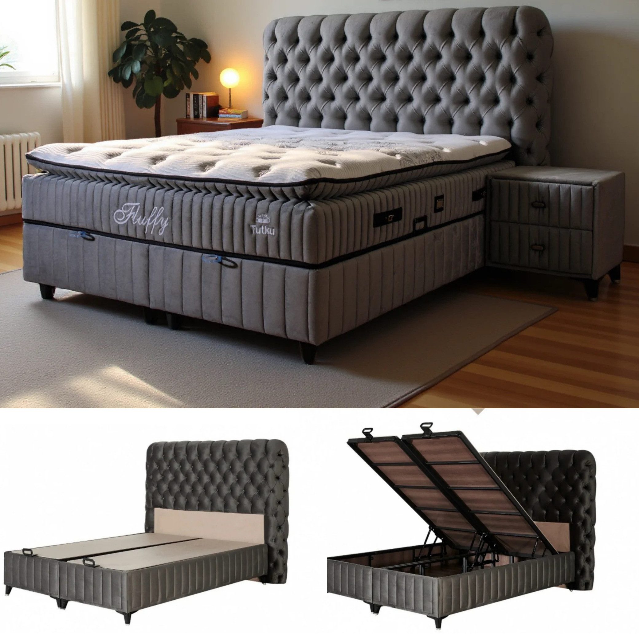 gowoll Boxspringbett Fluffy Bett Set mit Matratze mit Topper 140x200 160x200 180x200 (Doppelbett), mit 2xBettkasten und Polsterbett Kopfteil