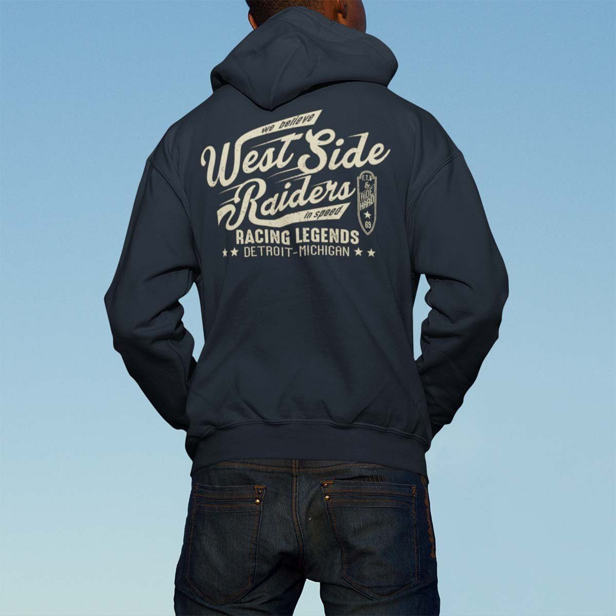 West Biker Motorrad Kapuzensweatjacke Rebel Wheels Raiders Motiv mit Side Hoodie / Zip On Kapuzenjacke, Melange Anthra