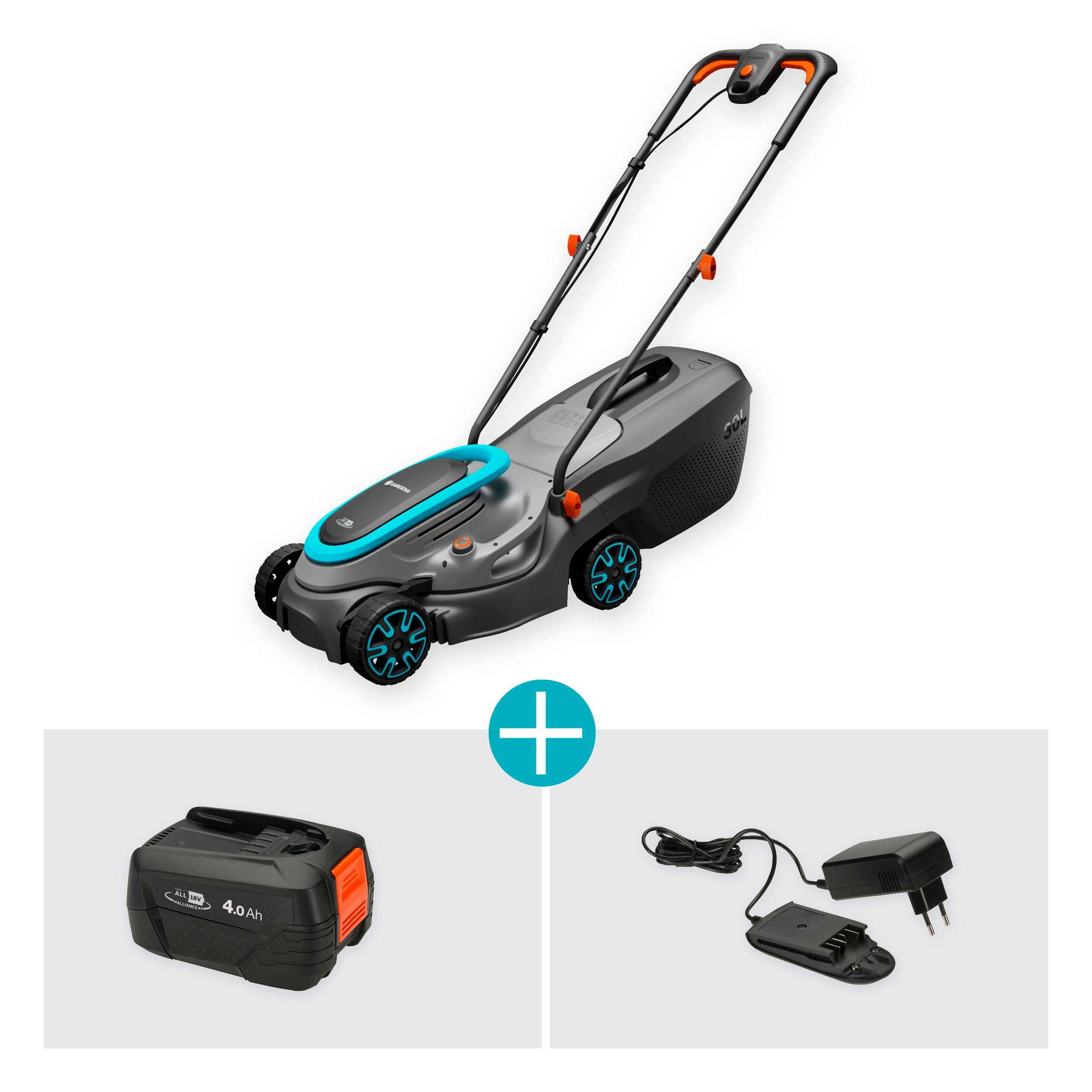 GARDENA Akkurasenmäher PowerMax 32/18V P4A Ready-To-Use Set, 32 cm Schnittbreite, Ready-To-Use Set inkl. Akku und Ladegerät