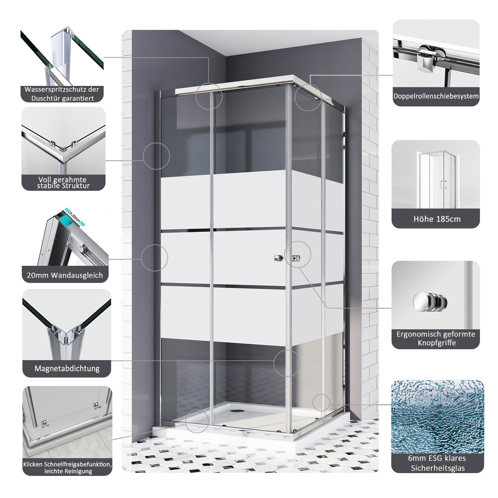 Boromal Eckdusche Duschkabine 75x90 90x75 H:185cm günstig online kaufen