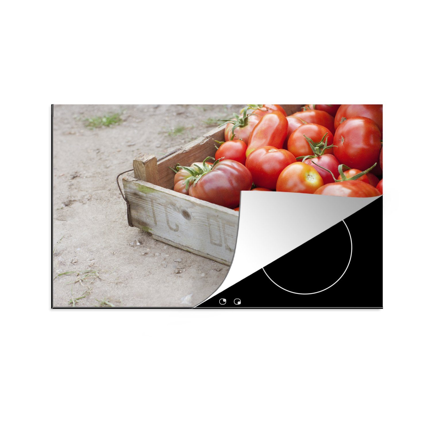 MuchoWow Herdblende-/Abdeckplatte Kiste mit großen Bio-Tomaten, Vinyl, (1 tlg), 81x52 cm, Induktionskochfeld Schutz für die küche, Ceranfeldabdeckung