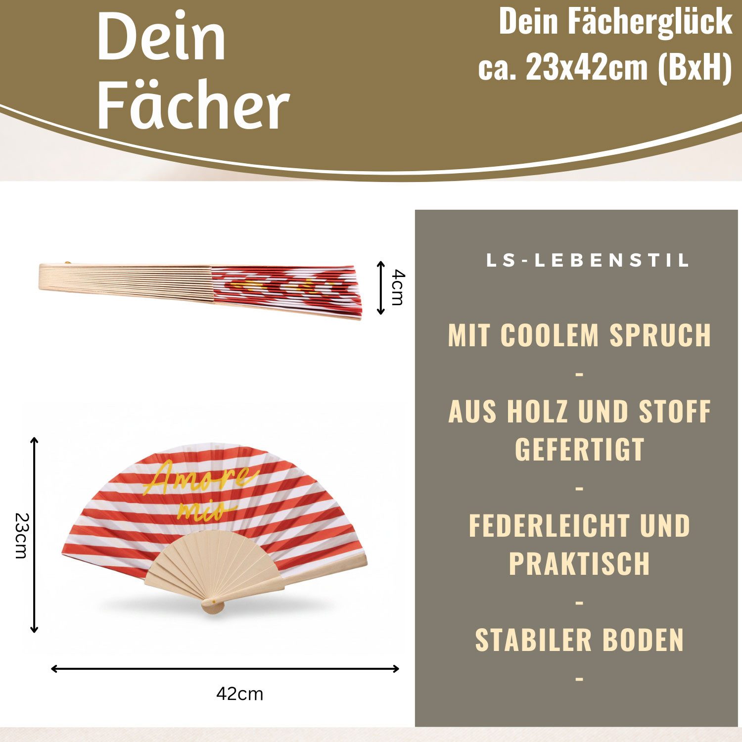 LS-LebenStil Handfächer Holz Stoff Fächer "Amore Mio" Rot Weiß Gelb faltbar Faltfächer, (hochwertig aus Holz mit Stoff und coolem lustigem Spruch, 1-tlg., Styliche Abkühlung), für Geburtstag, Hochzeit, Party oder als Wand Dekoration