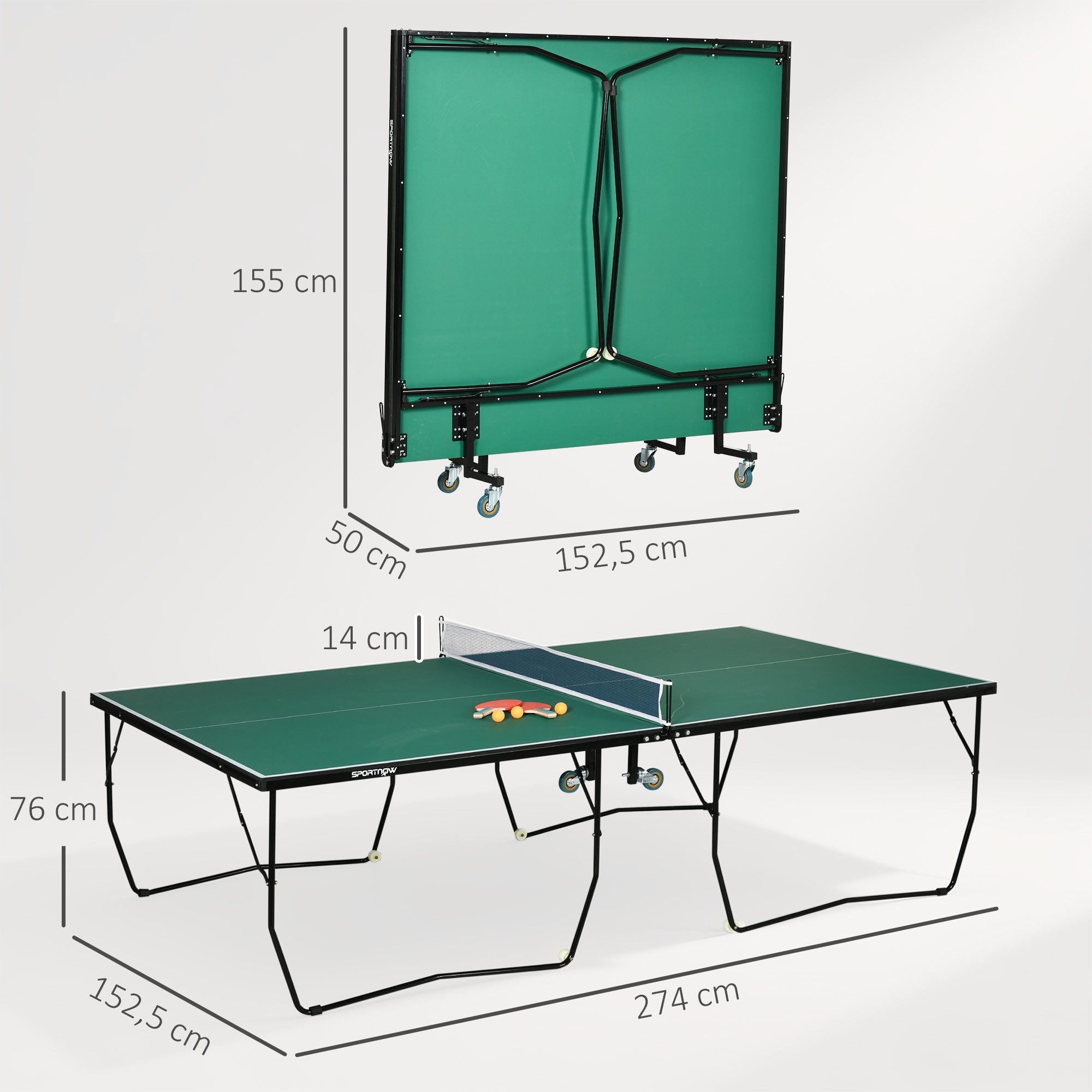 SPORTNOW Tischtennisplatte Große Tischtennistisch mit klappbares Untergestell, Netz, Rollen (Tischtennistisch, 1-tlg., mit Rollen), 274 x 152,5 x 76, Grün
