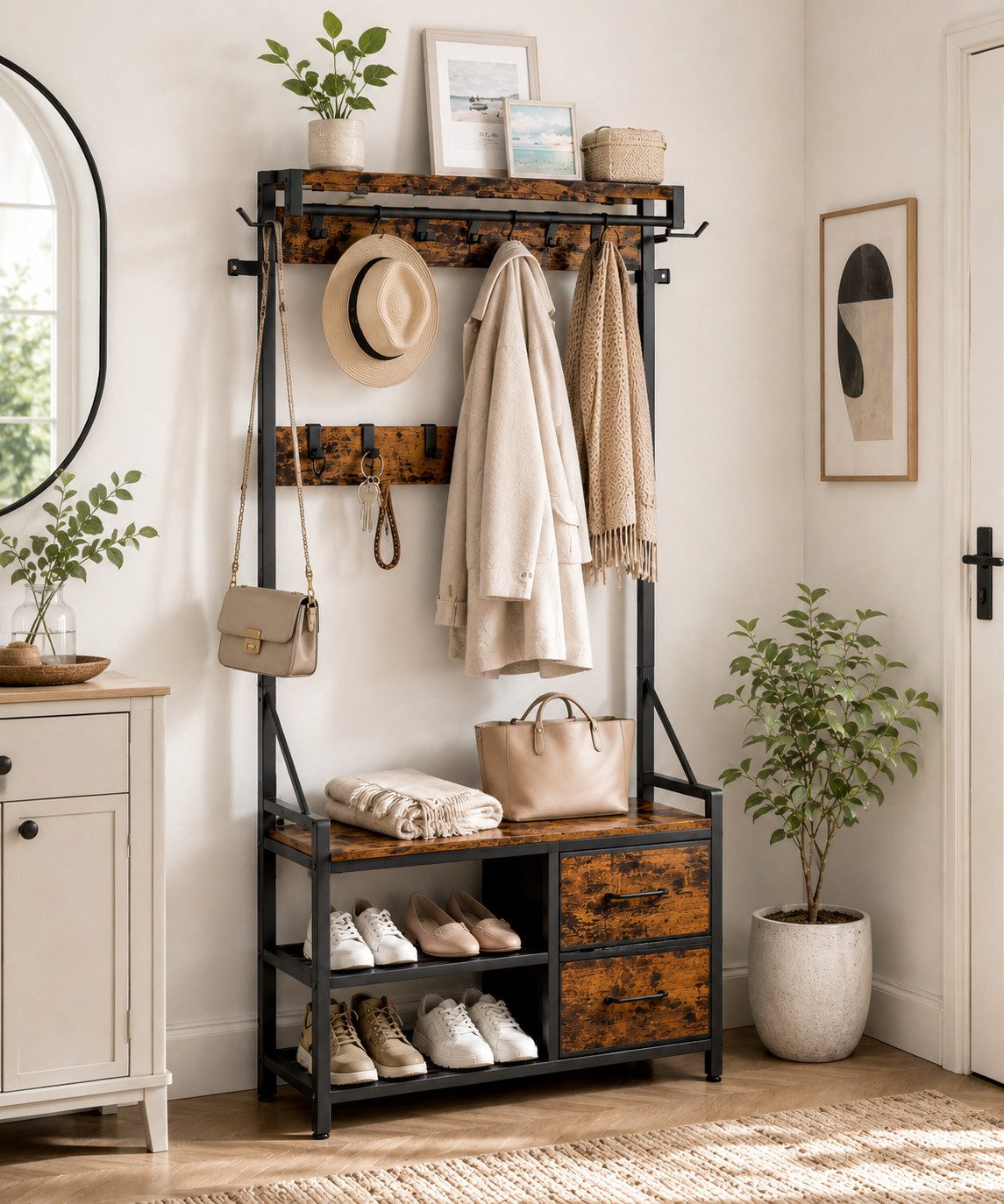 Yorbay Kleiderständer Garderobenständer mit Schuhregal & Sitzbank – 4-in-1 Kleiderständer, (80x30x180 cm), mit 17 Haken, Flurgarderobe mit 2 Schubladen für Diele, Wohnzimmer