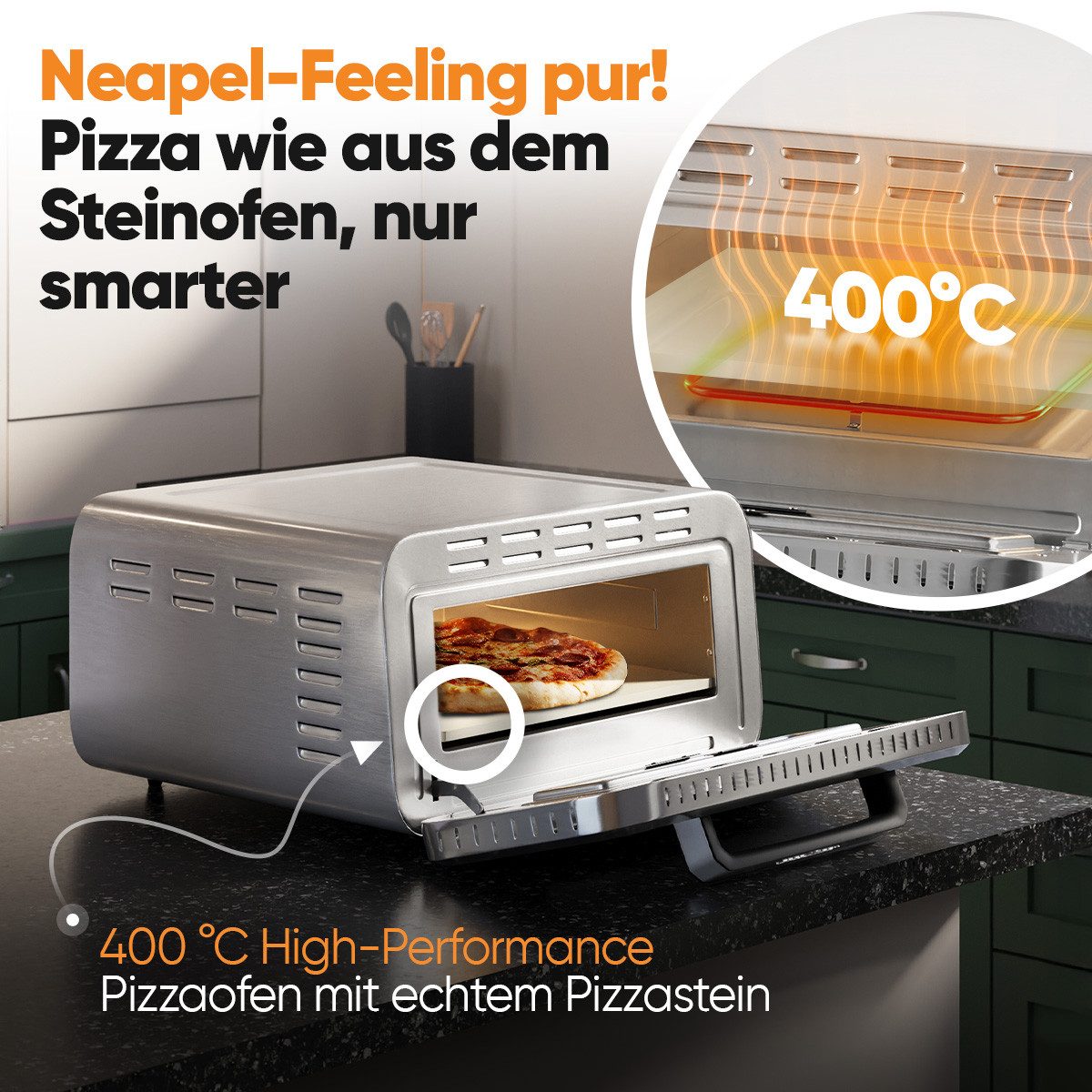 ProfiCook Pizzaofen PC-PO 1323, Pizzaofen elektrisch, 400°C, echter Pizzastein
